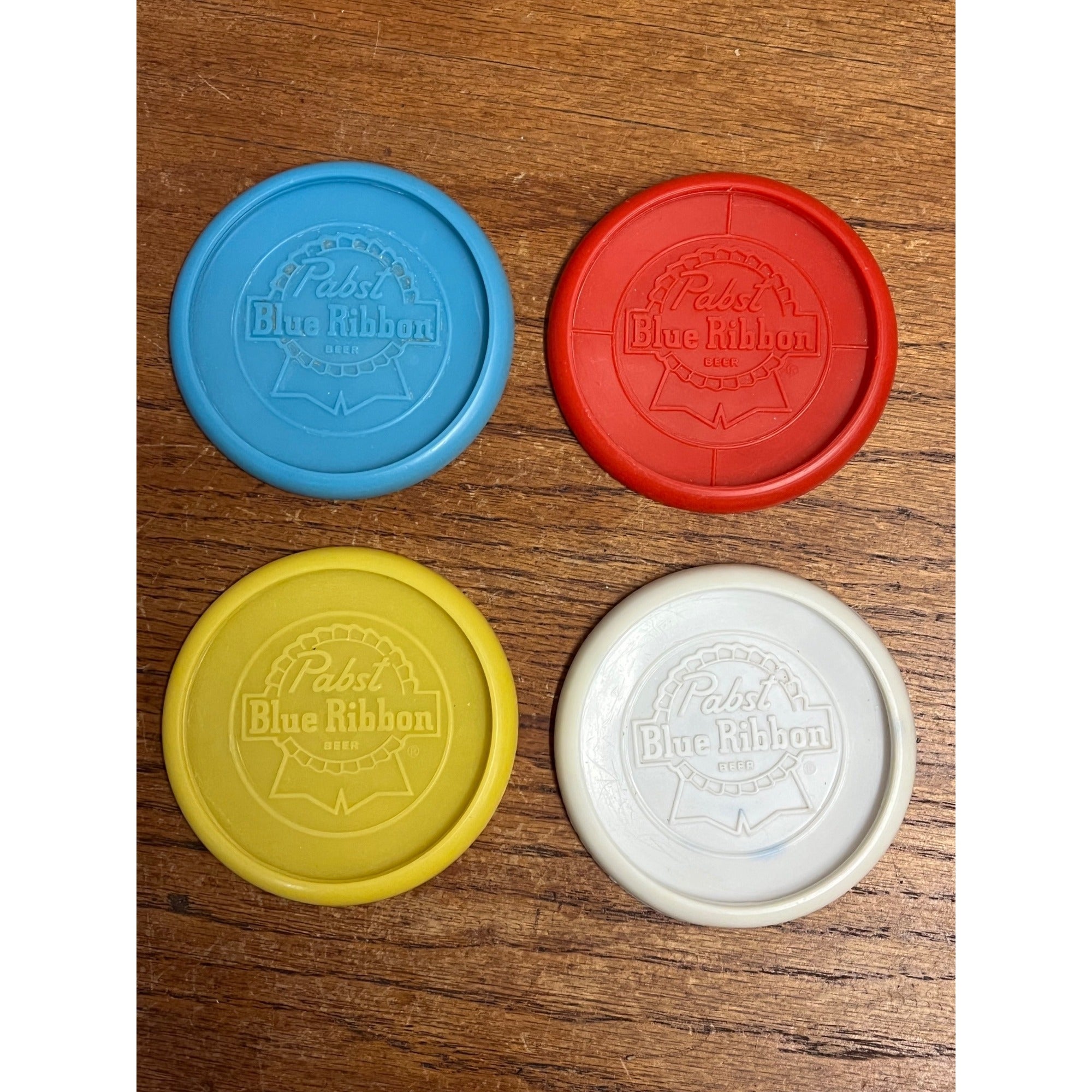Vintage Pabst Blue Ribbon PBR Beer 4 Plastic Coasters - Red, White, Blue, Yellow