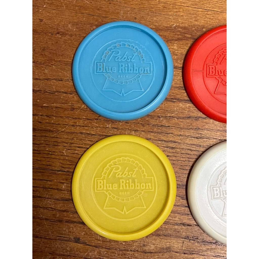 Vintage Pabst Blue Ribbon PBR Beer 4 Plastic Coasters - Red, White, Blue, Yellow