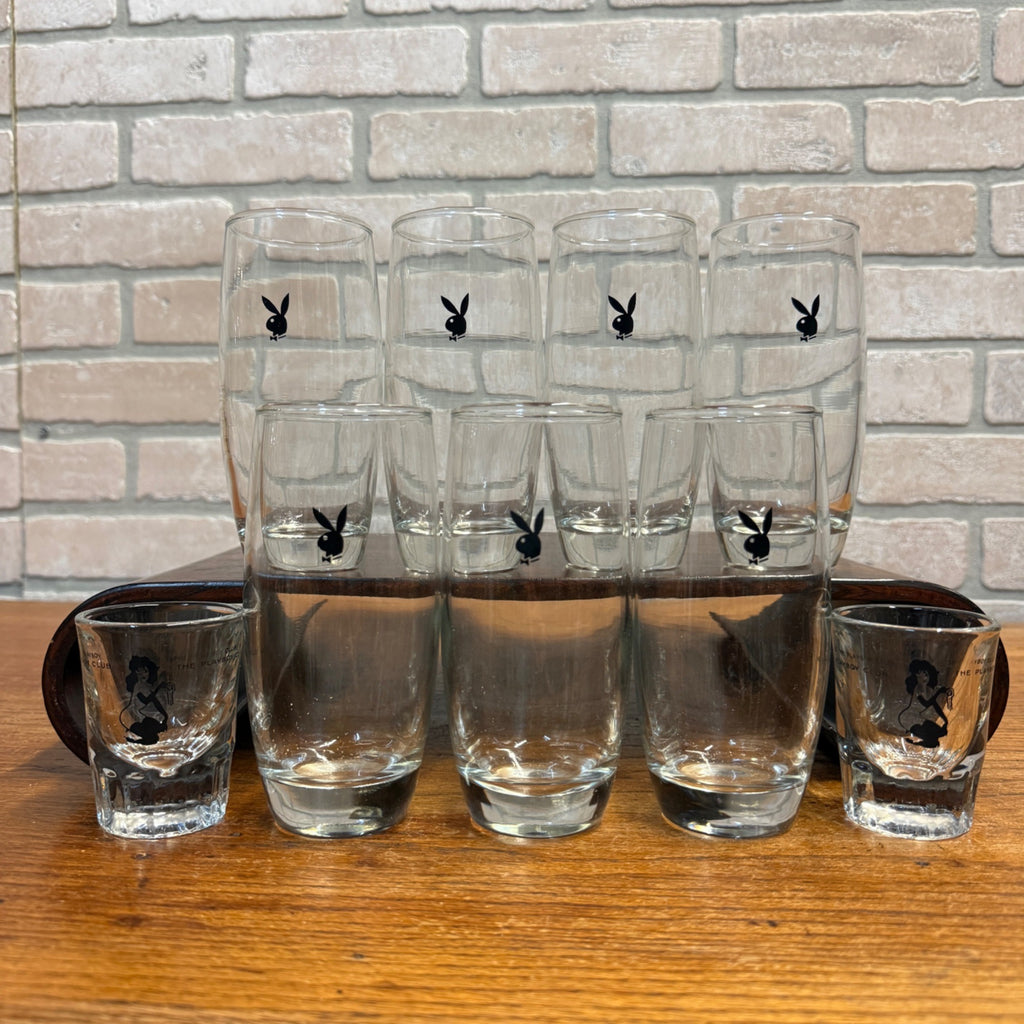 Vintage 1960s Playboy Bunny Highball Cocktail Glasses Set (7) + 2 Shot Glasses