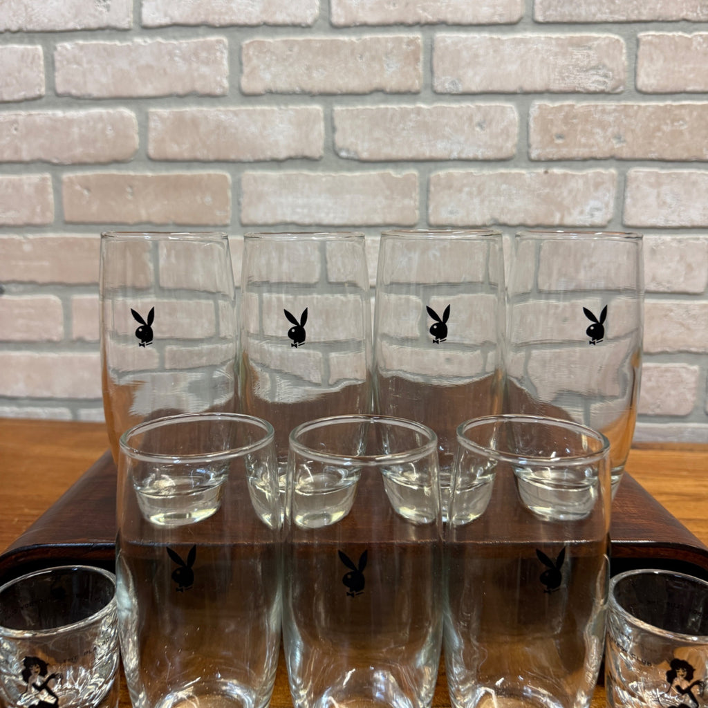 Vintage 1960s Playboy Bunny Highball Cocktail Glasses Set (7) + 2 Shot Glasses