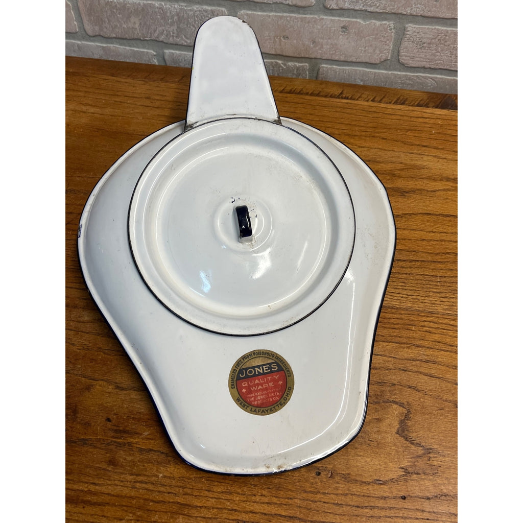 Vintage 1920s Jones Enamelware White Medical Bed Pan Basin w/ Lid Ohio