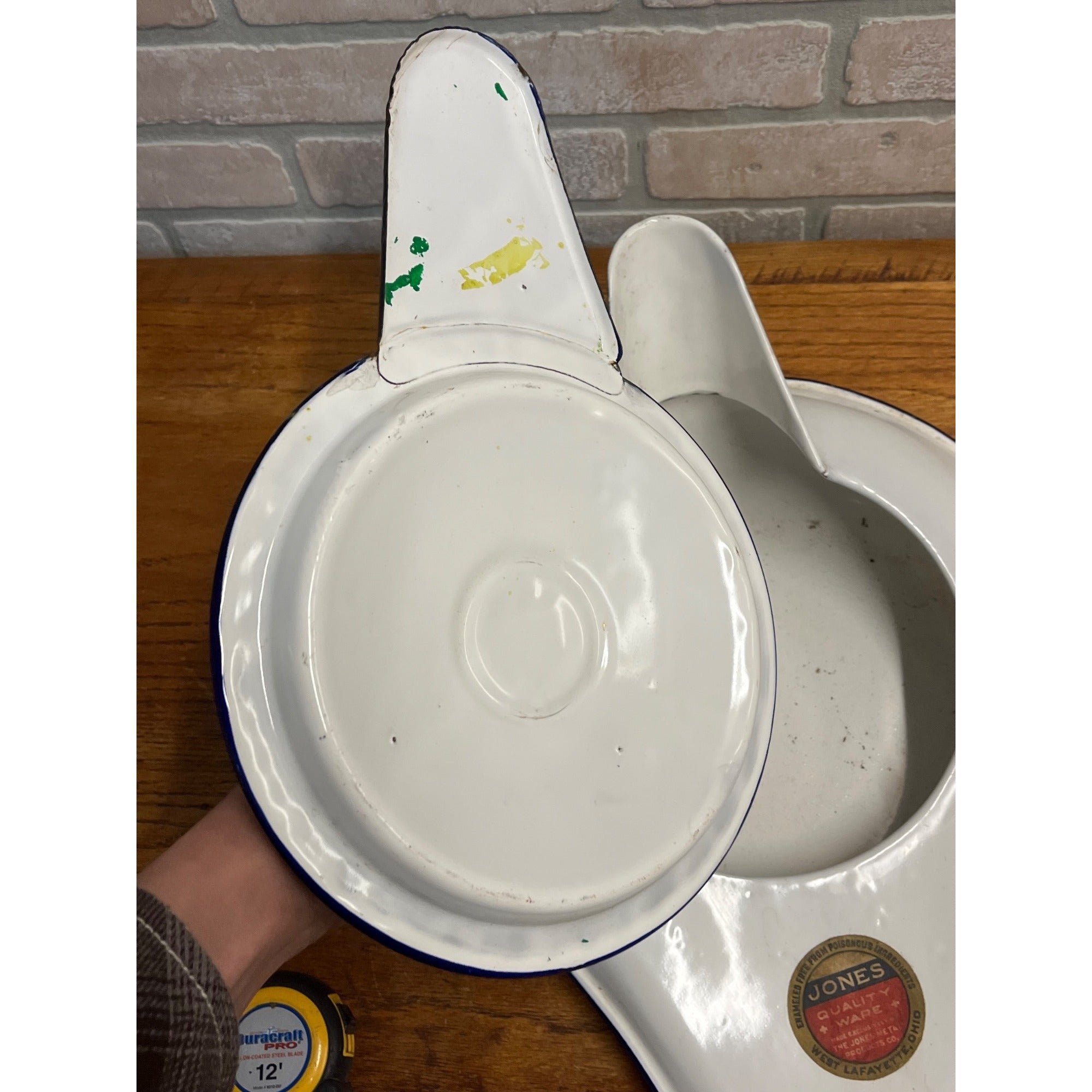 Vintage 1920s Jones Enamelware White Medical Bed Pan Basin w/ Lid Ohio