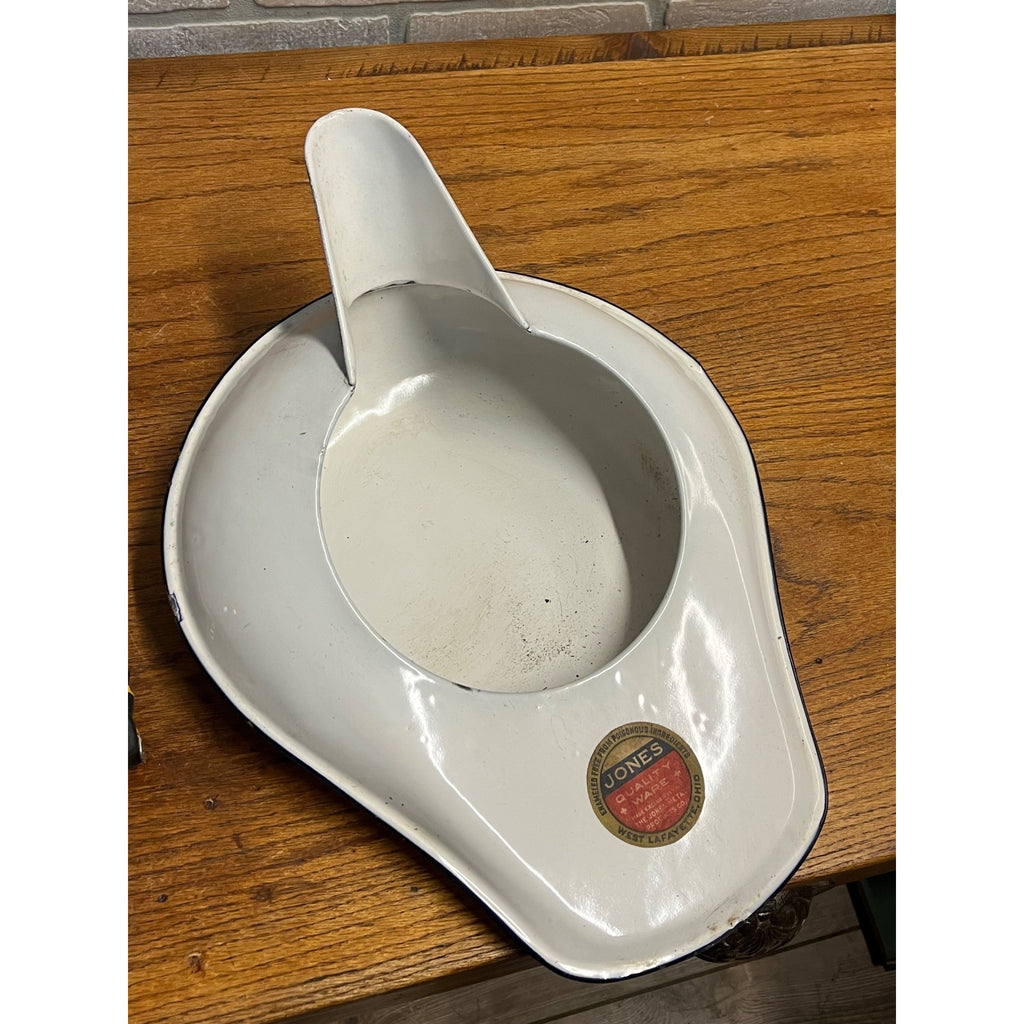 Vintage 1920s Jones Enamelware White Medical Bed Pan Basin w/ Lid Ohio