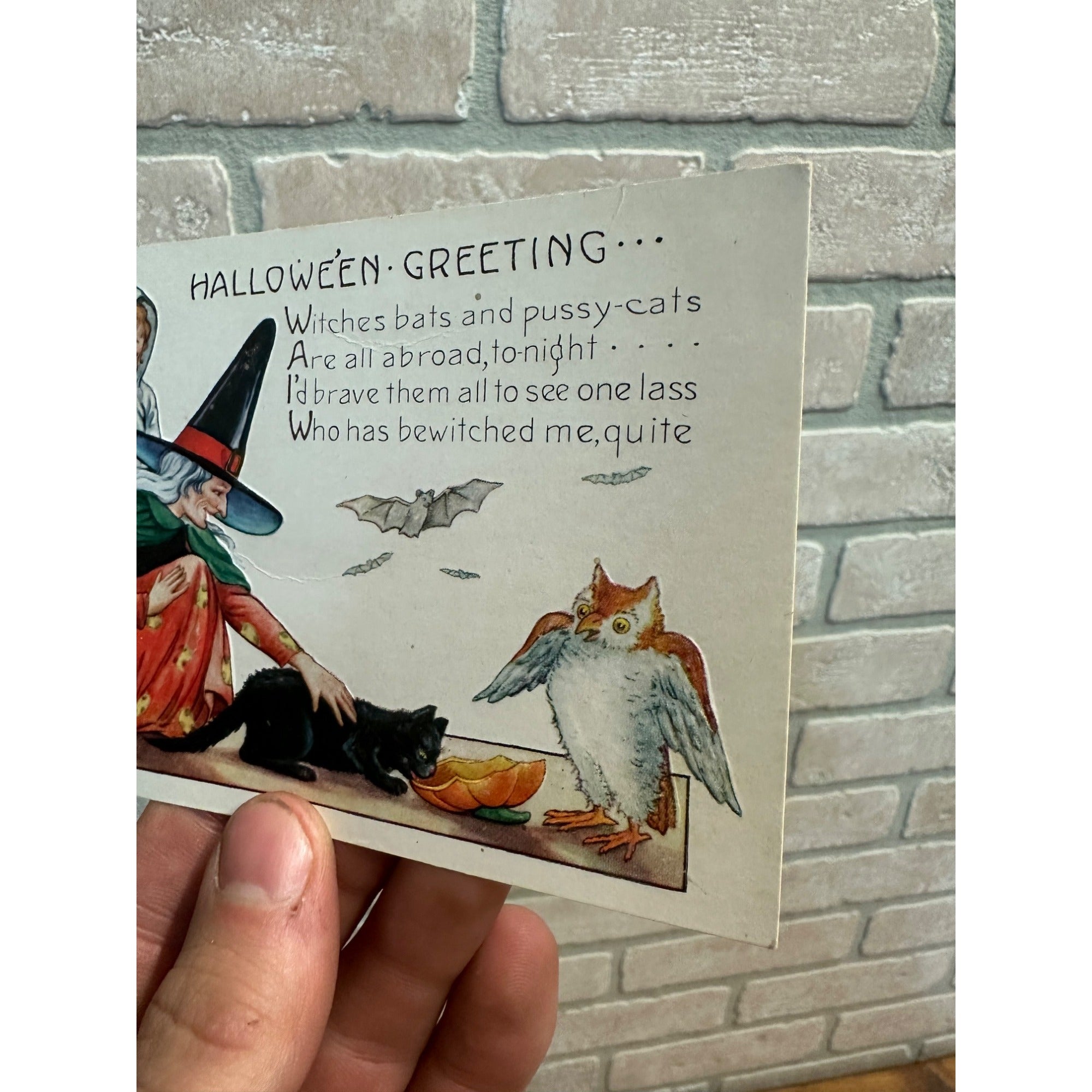 Vintage Halloween Whitney Postcard Witch Black Cat Owl Bat Parade Lantern