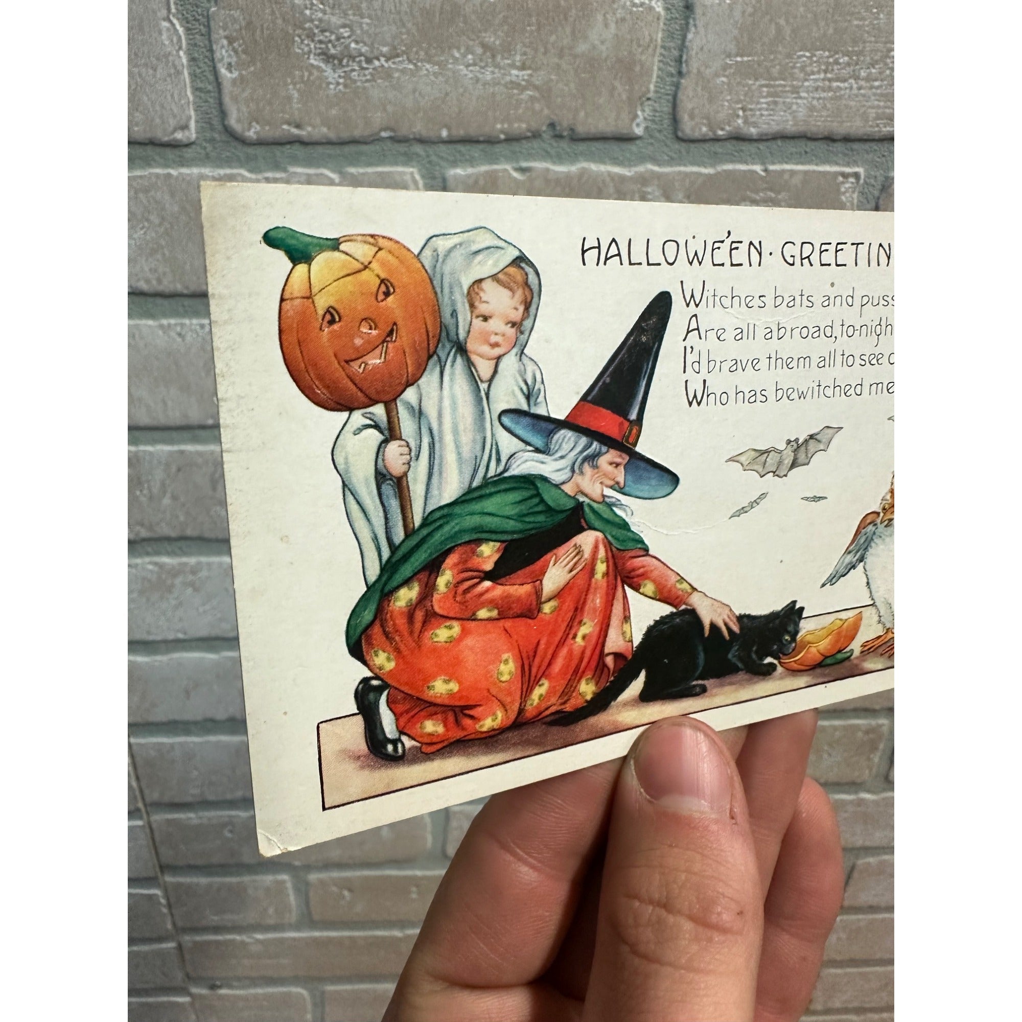 Vintage Halloween Whitney Postcard Witch Black Cat Owl Bat Parade Lantern
