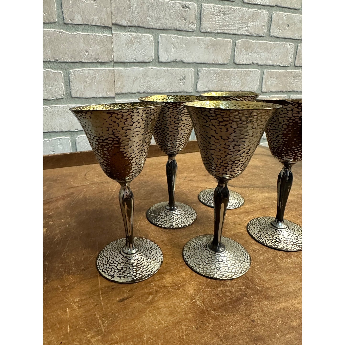 Antique WM Mounts Homan Plated Nickel Silver Goblet Set (5) USA Hammered