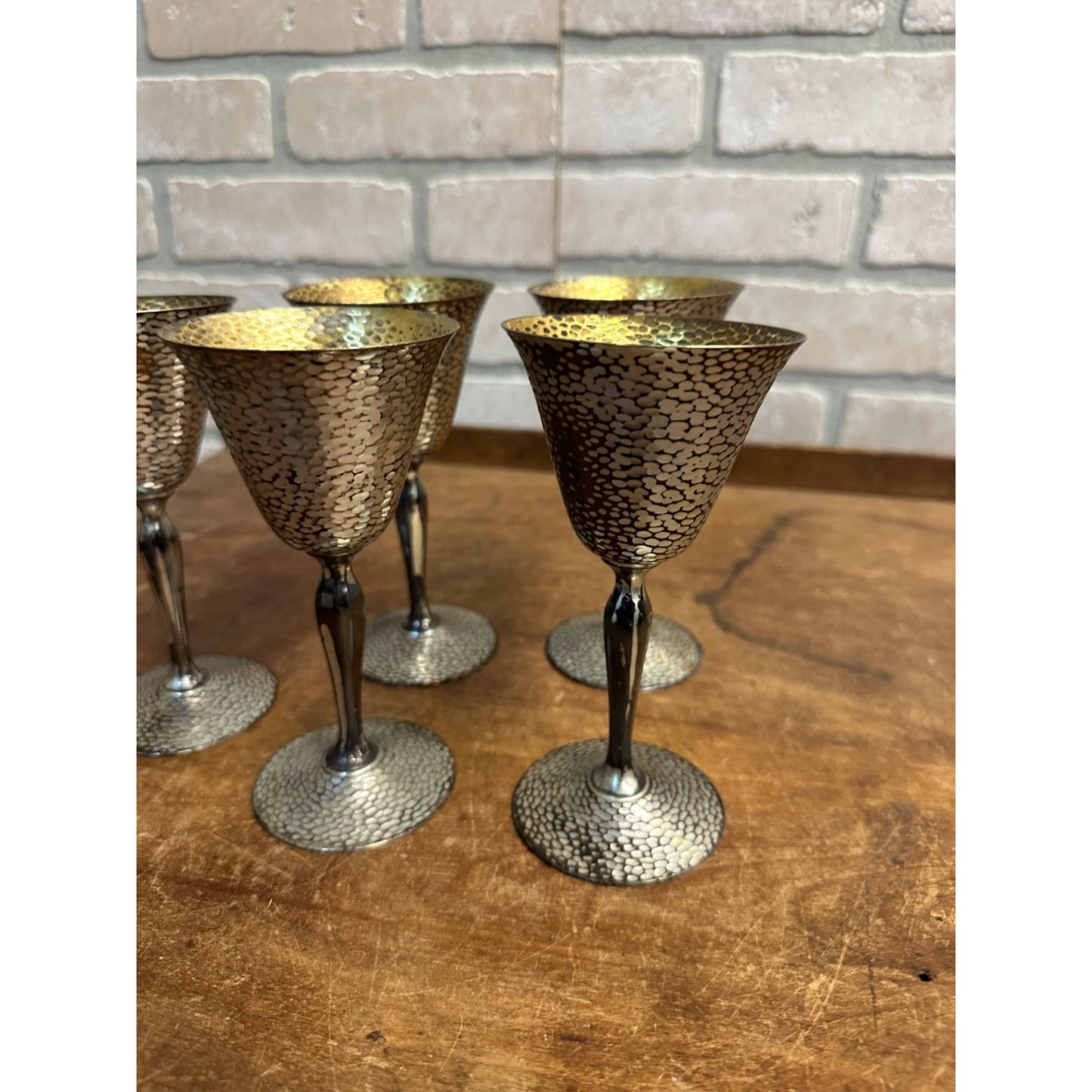 Antique WM Mounts Homan Plated Nickel Silver Goblet Set (5) USA Hammered