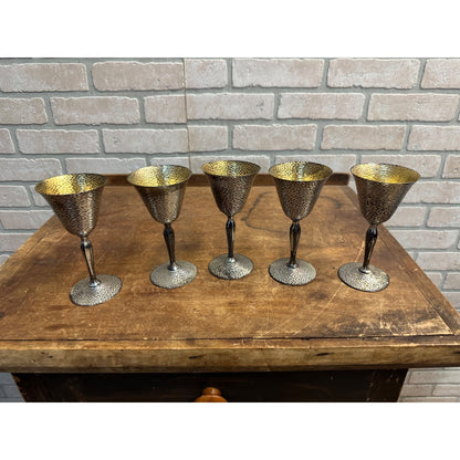 Antique WM Mounts Homan Plated Nickel Silver Goblet Set (5) USA Hammered