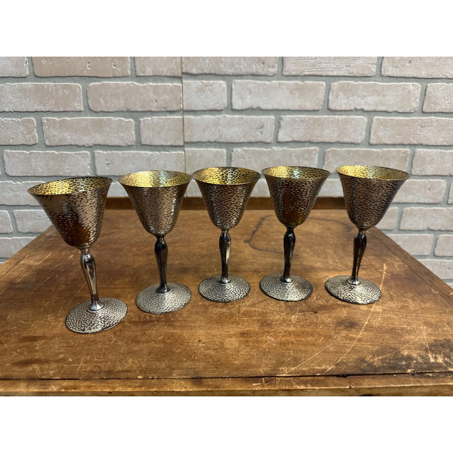 Antique WM Mounts Homan Plated Nickel Silver Goblet Set (5) USA Hammered