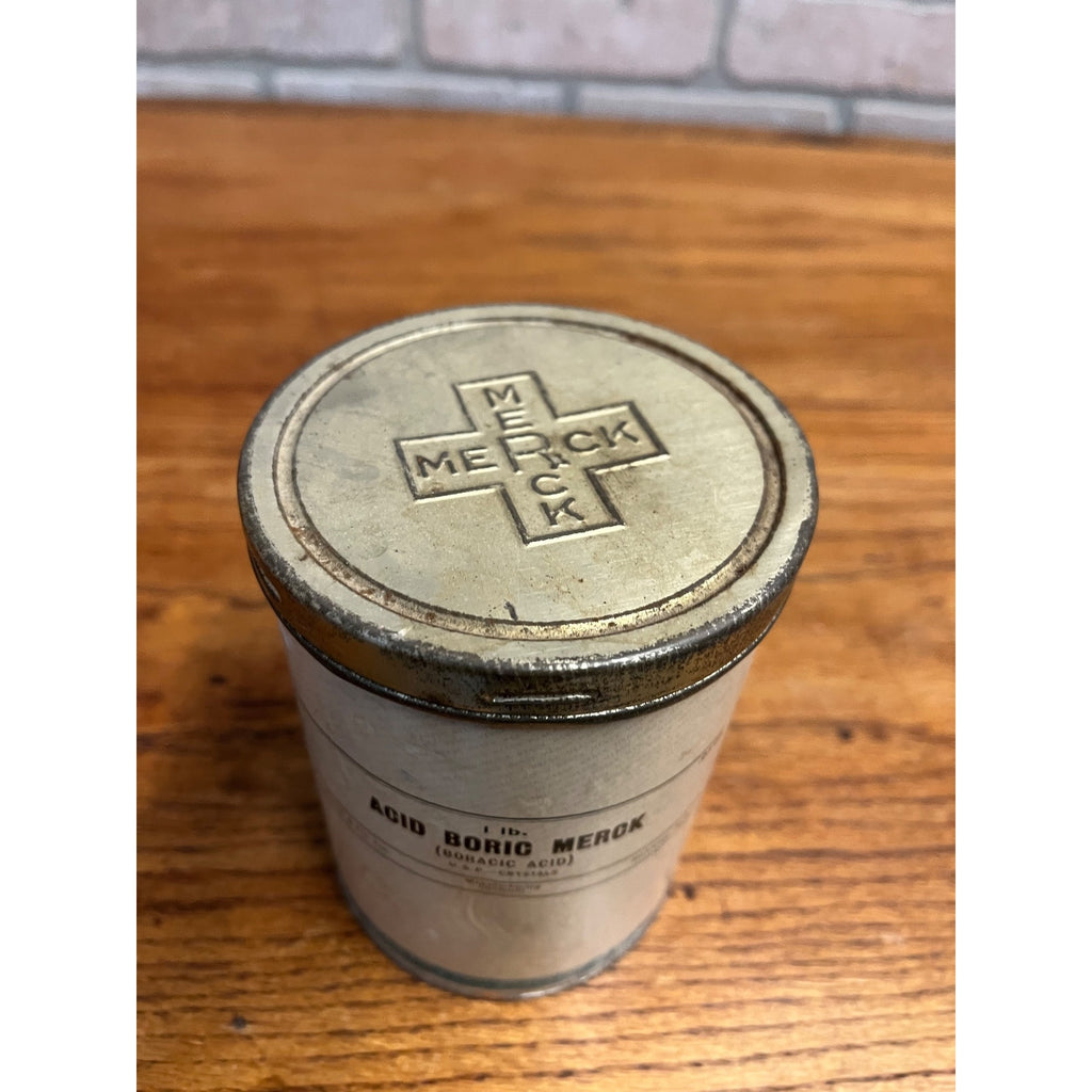 Vintage Merck Boric Acid Pharmacy Apothecary Can 1lb Crystals w/ Contents