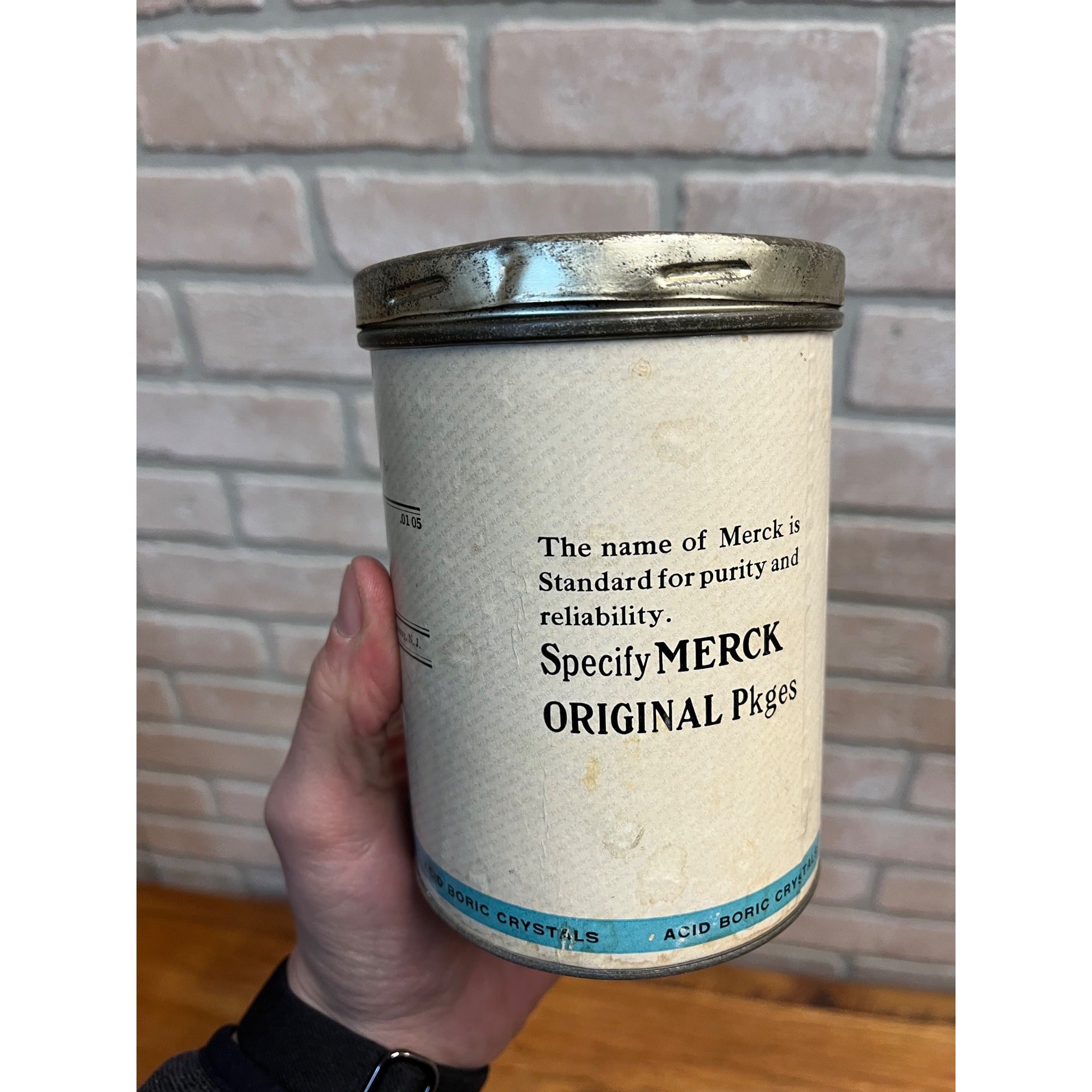 Vintage Merck Boric Acid Pharmacy Apothecary Can 1lb Crystals w/ Contents