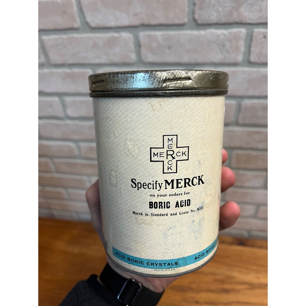 Vintage Merck Boric Acid Pharmacy Apothecary Can 1lb Crystals w/ Contents