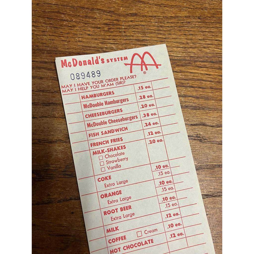 RARE Vintage 1960s McDonalds System Food Order Paper Receipt Slash M Logo