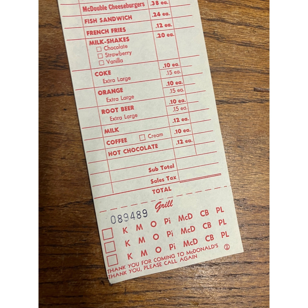 RARE Vintage 1960s McDonalds System Food Order Paper Receipt Slash M Logo