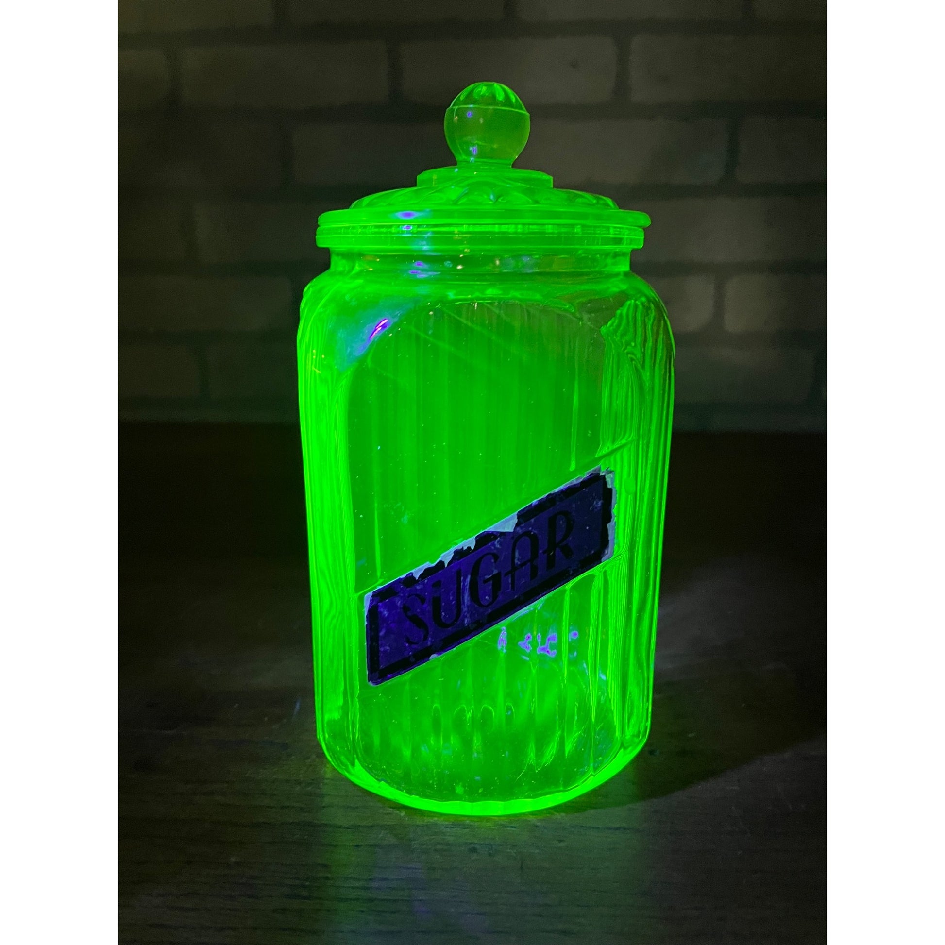 Vintage Uranium Vaseline Glass Canister Storage Ribbed Jar w/ Glass Lid SUGAR