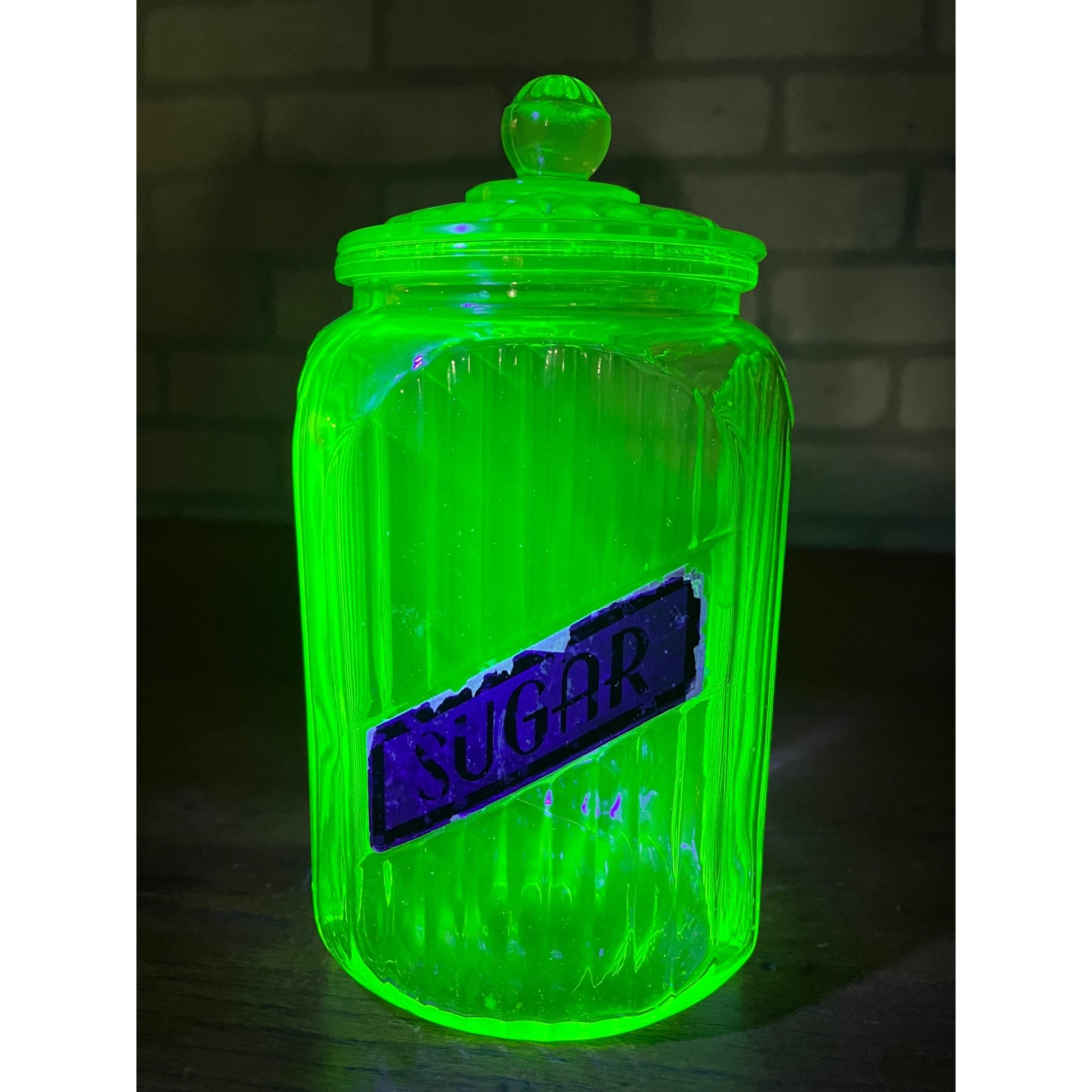 Vintage Uranium Vaseline Glass Canister Storage Ribbed Jar w/ Glass Lid SUGAR