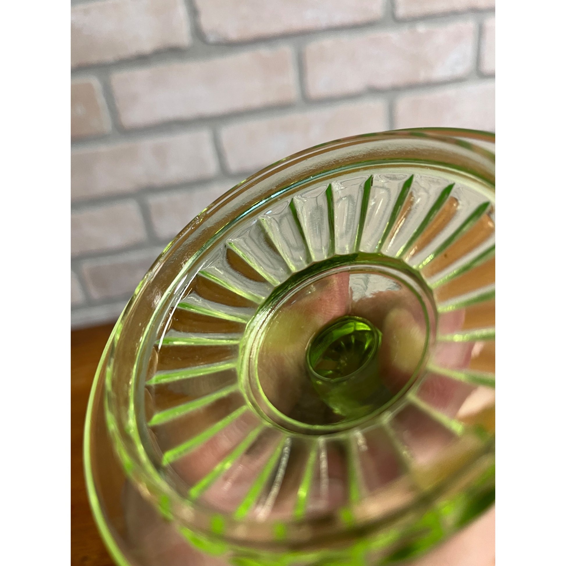 Vintage Uranium Vaseline Glass Canister Storage Ribbed Jar w/ Glass Lid SUGAR