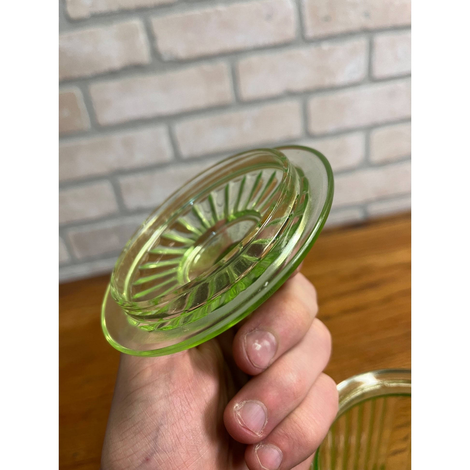 Vintage Uranium Vaseline Glass Canister Storage Ribbed Jar w/ Glass Lid SUGAR