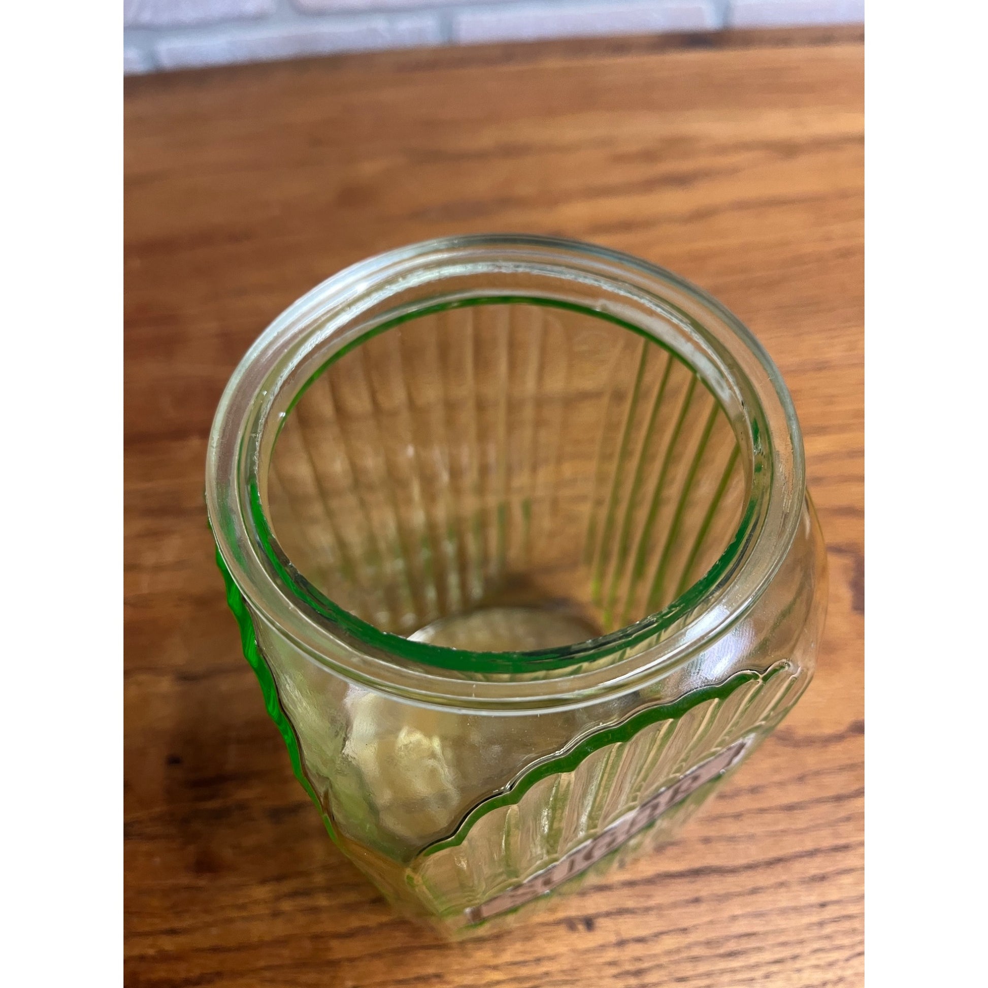Vintage Uranium Vaseline Glass Canister Storage Ribbed Jar w/ Glass Lid SUGAR