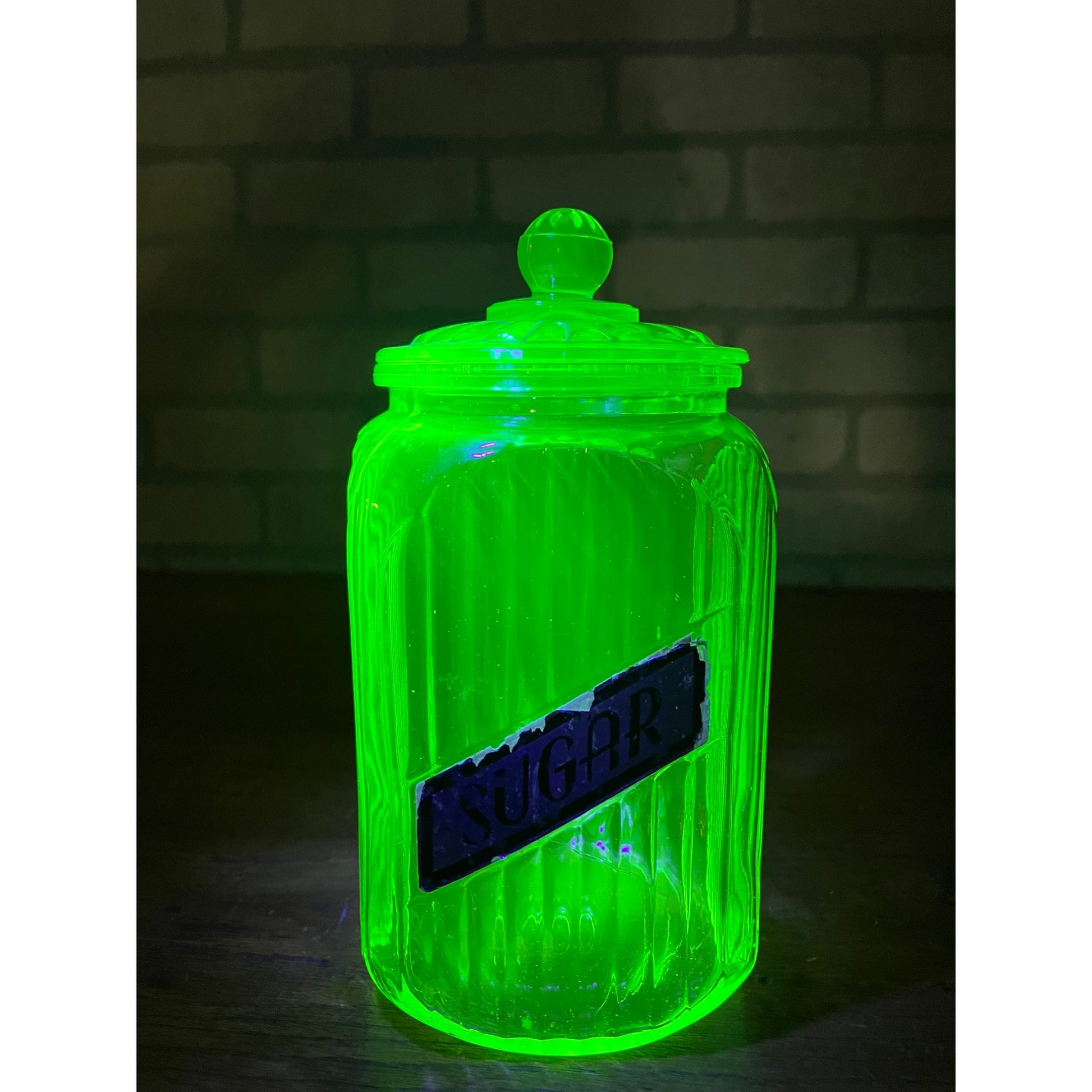 Vintage Uranium Vaseline Glass Canister Storage Ribbed Jar w/ Glass Lid SUGAR