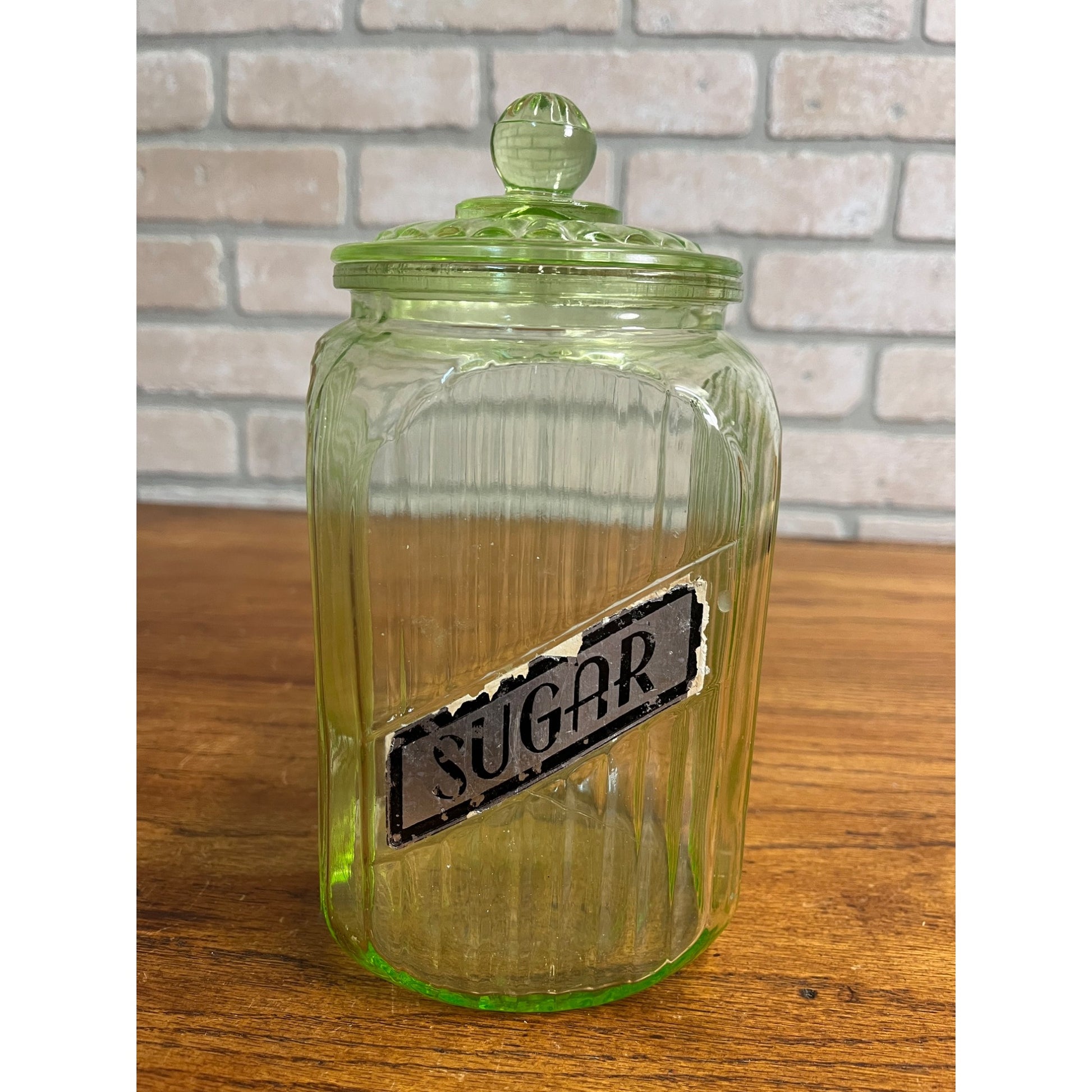 Vintage Uranium Vaseline Glass Canister Storage Ribbed Jar w/ Glass Lid SUGAR