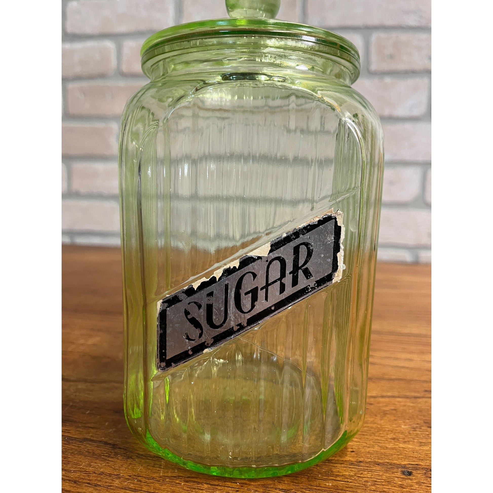 Vintage Uranium Vaseline Glass Canister Storage Ribbed Jar w/ Glass Lid SUGAR