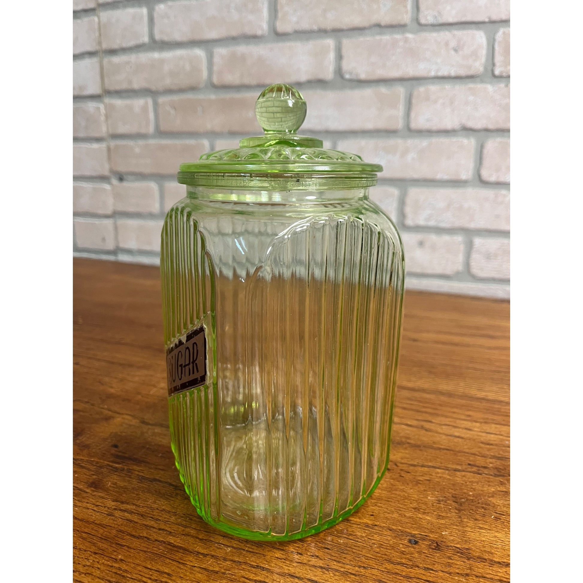Vintage Uranium Vaseline Glass Canister Storage Ribbed Jar w/ Glass Lid SUGAR