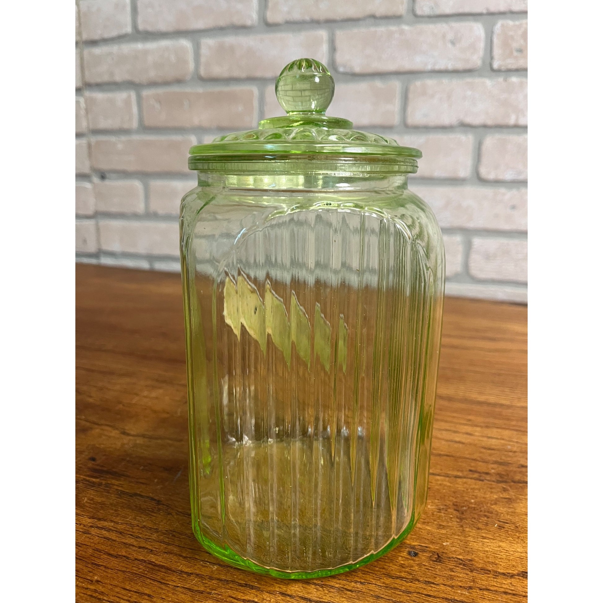 Vintage Uranium Vaseline Glass Canister Storage Ribbed Jar w/ Glass Lid SUGAR