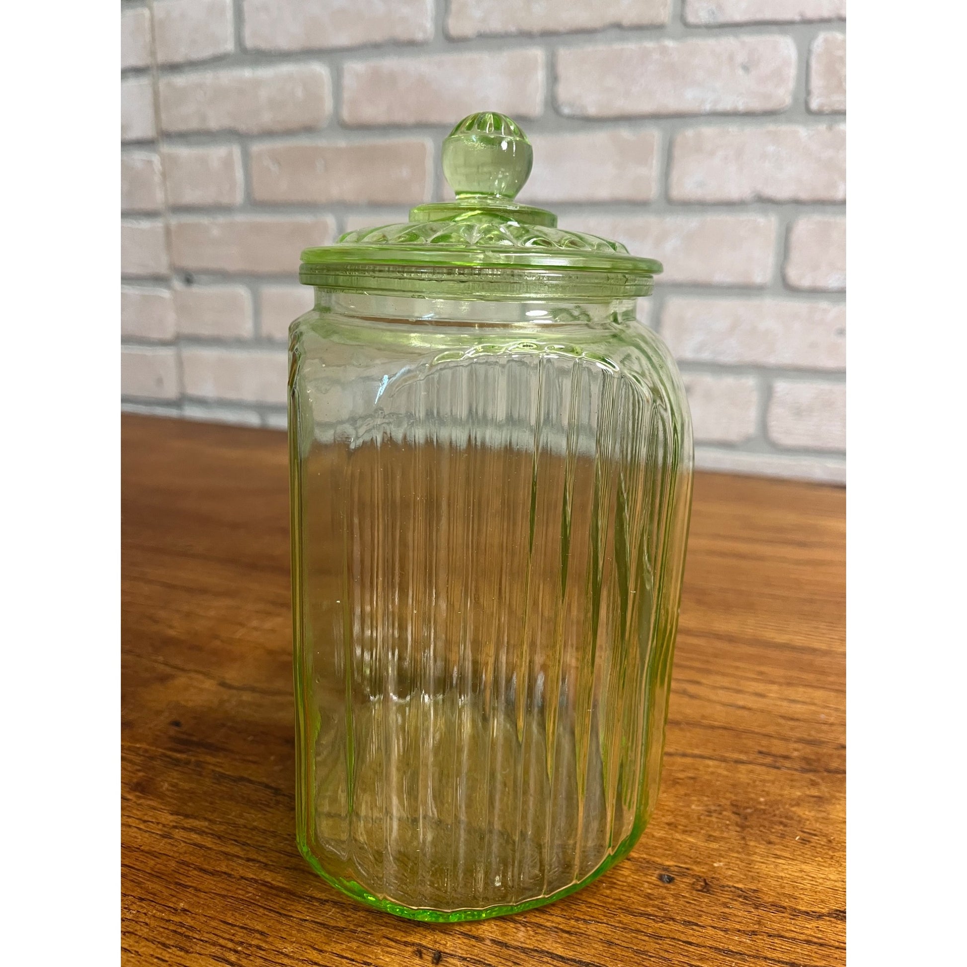 Vintage Uranium Vaseline Glass Canister Storage Ribbed Jar w/ Glass Lid SUGAR