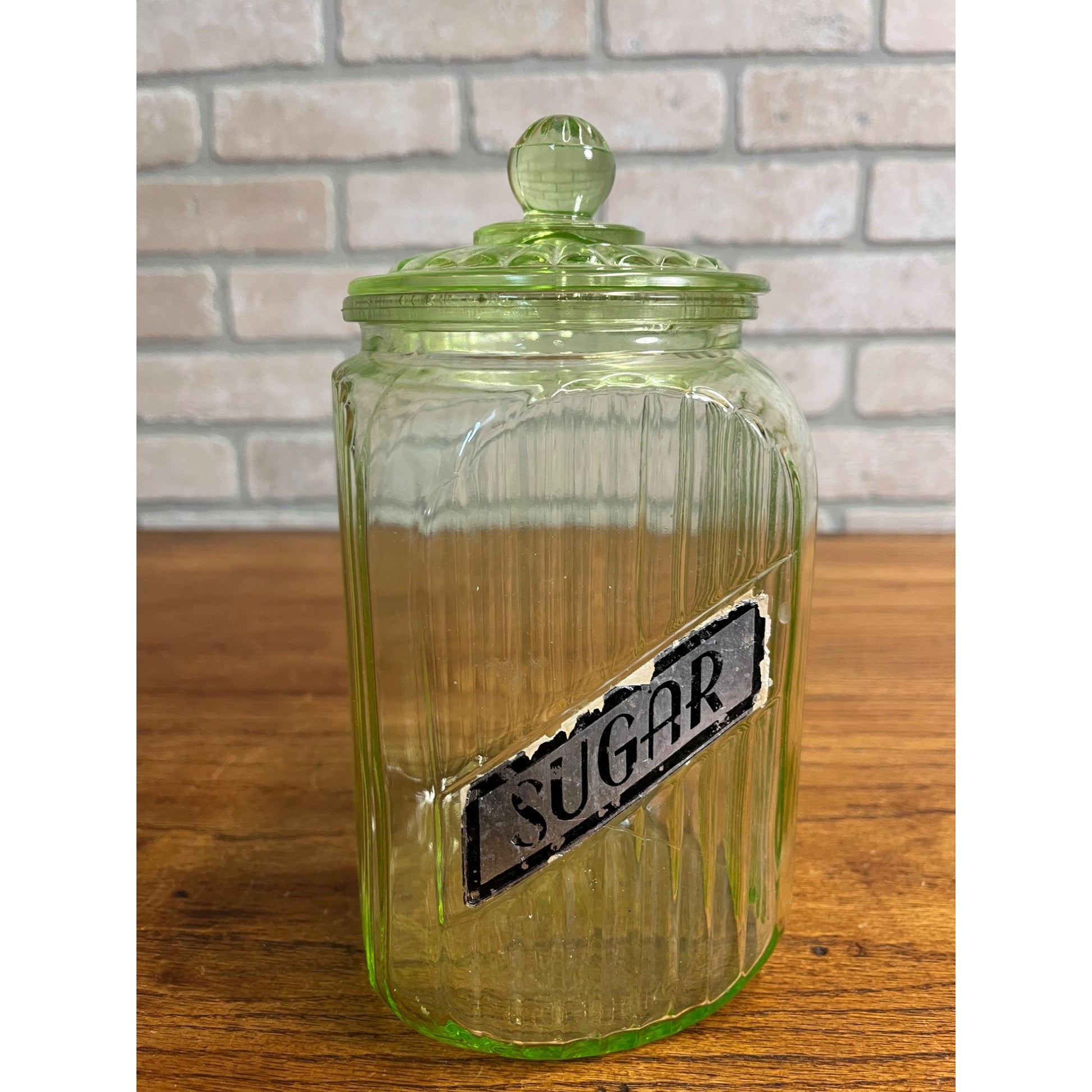 Vintage Uranium Vaseline Glass Canister Storage Ribbed Jar w/ Glass Lid SUGAR
