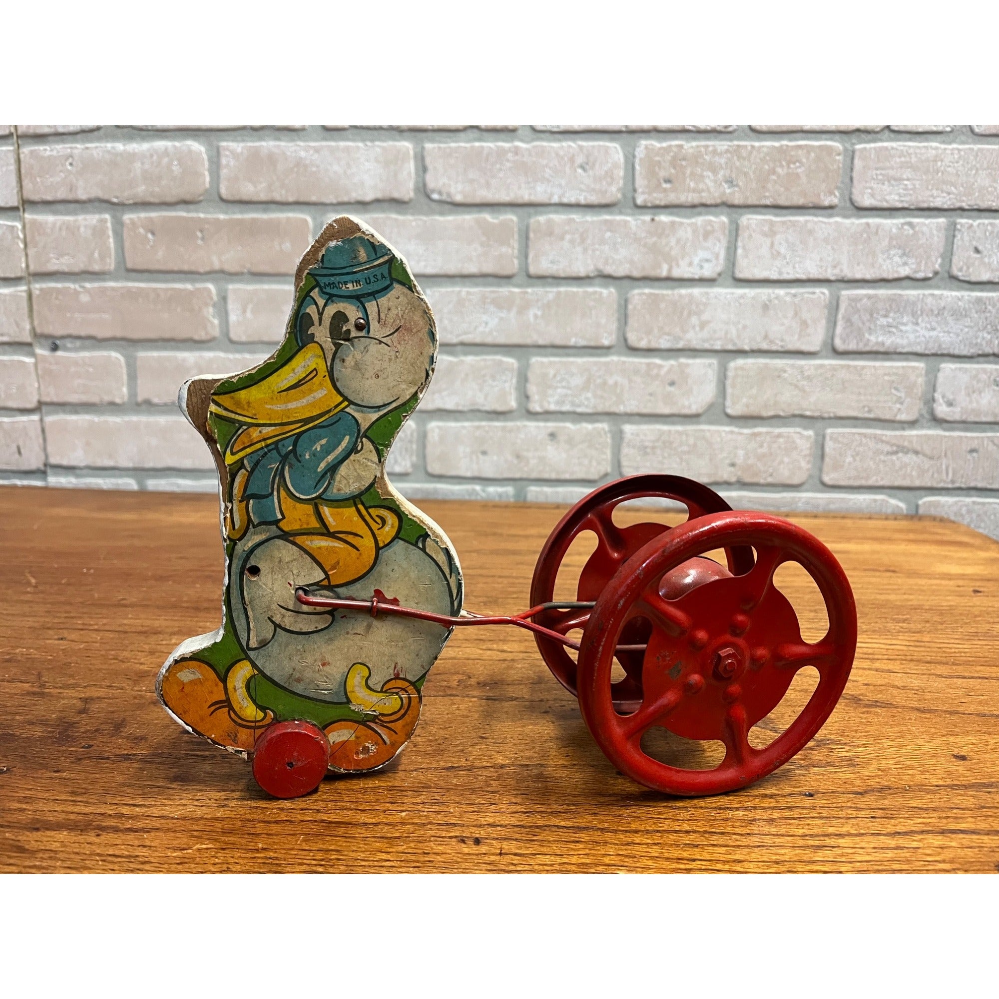 Vintage Gong Bell Child's Pull Toy Duck - Wood & Metal