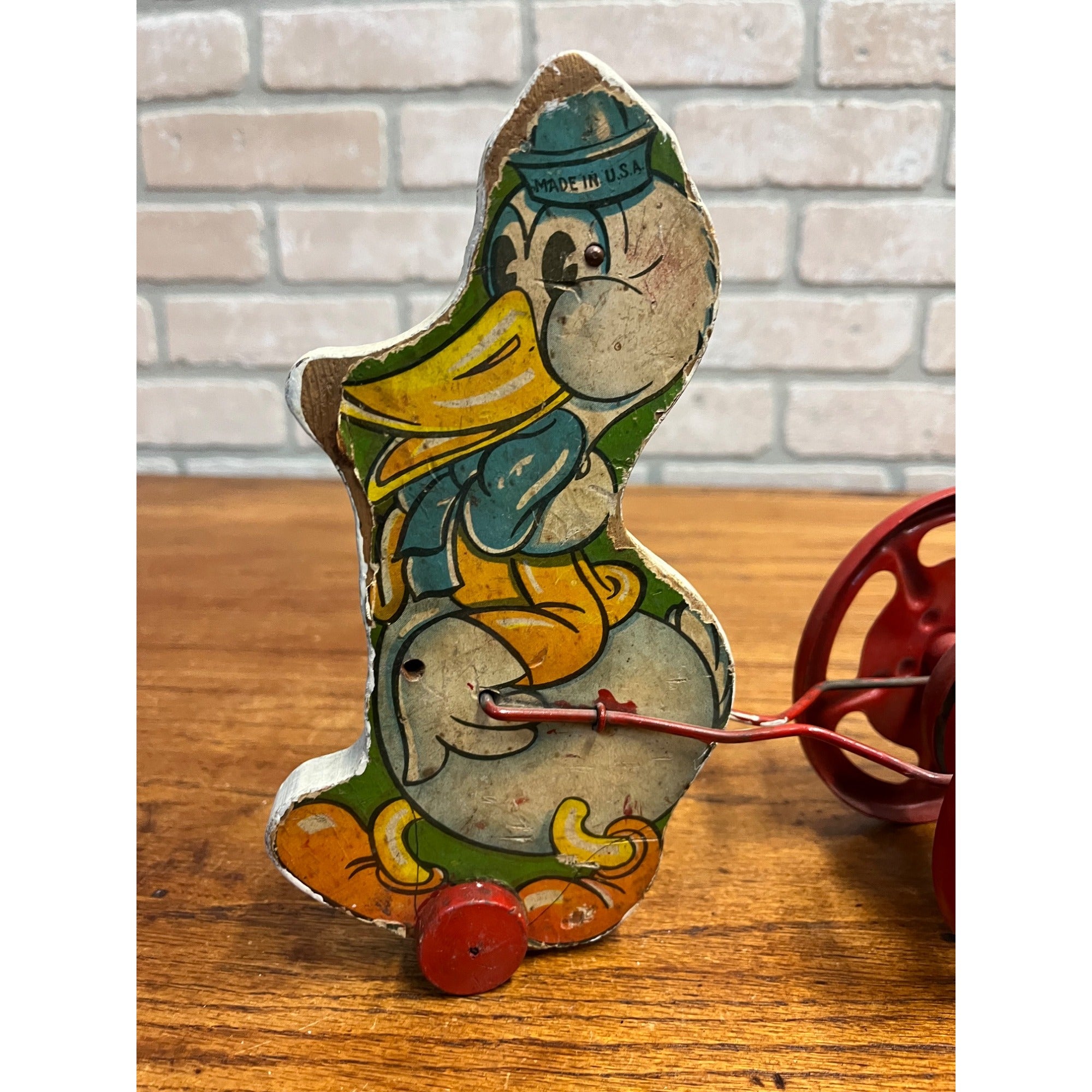 Vintage Gong Bell Child's Pull Toy Duck - Wood & Metal