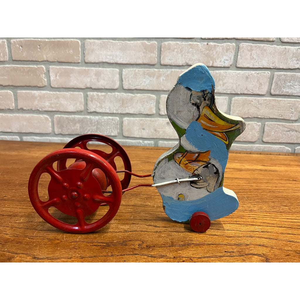 Vintage Gong Bell Child's Pull Toy Duck - Wood & Metal