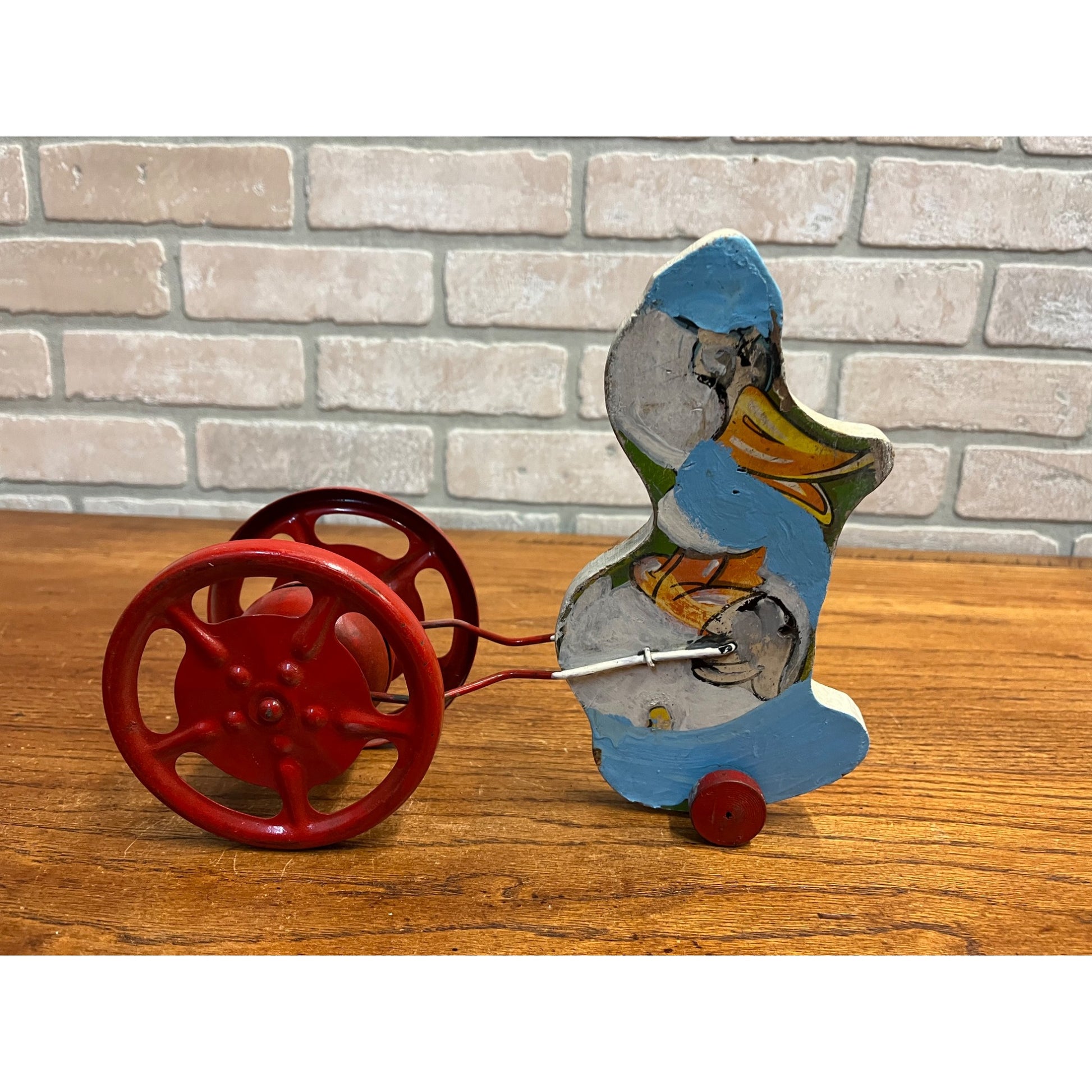 Vintage Gong Bell Child's Pull Toy Duck - Wood & Metal
