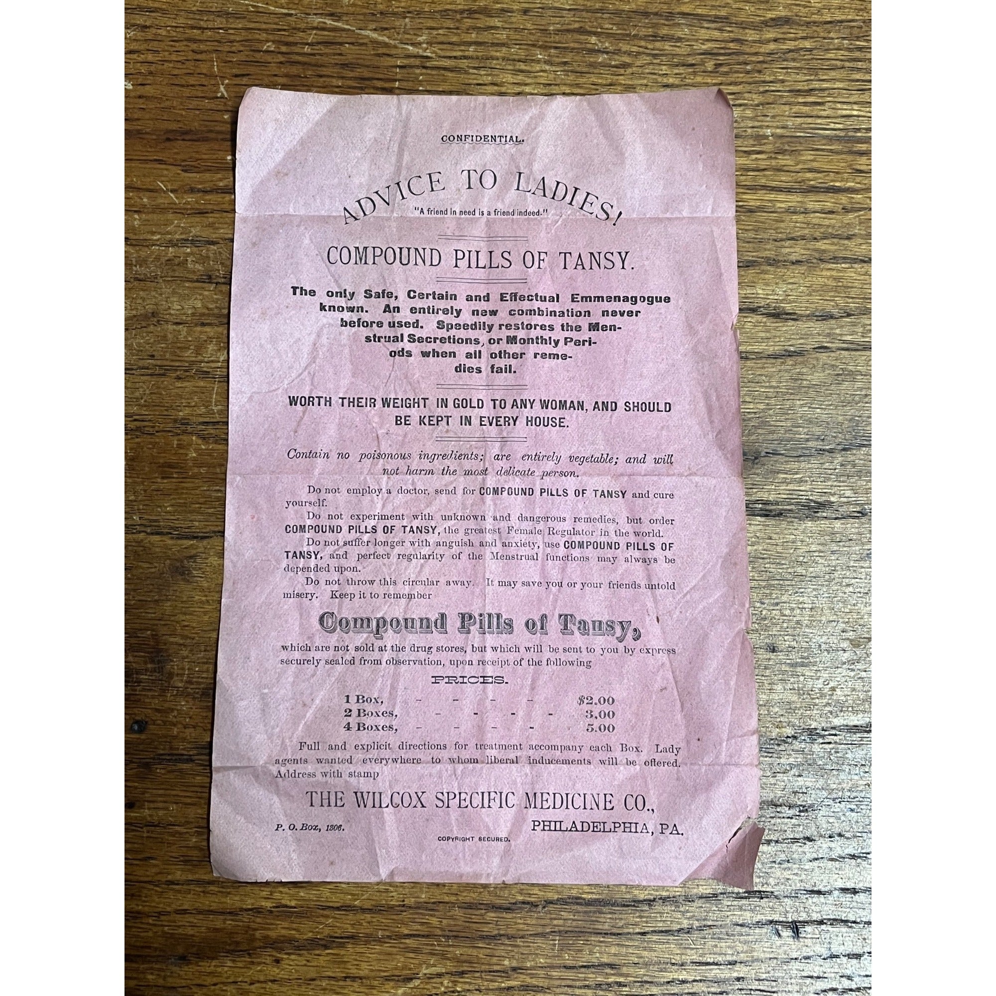 Vintage Wilcox Specific Medicine Co. Advice for Ladies! Compound Pills of Tansy