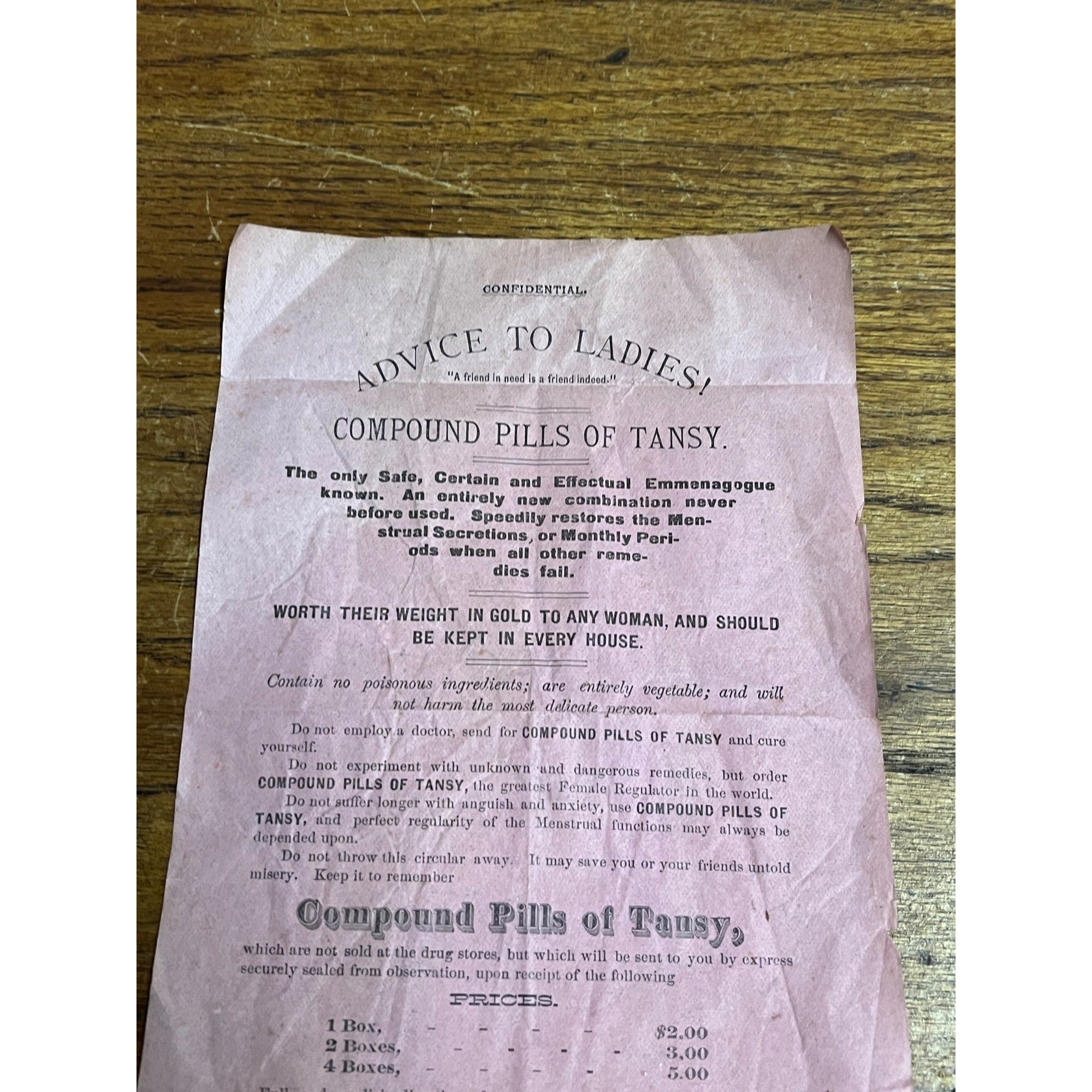 Vintage Wilcox Specific Medicine Co. Advice for Ladies! Compound Pills of Tansy