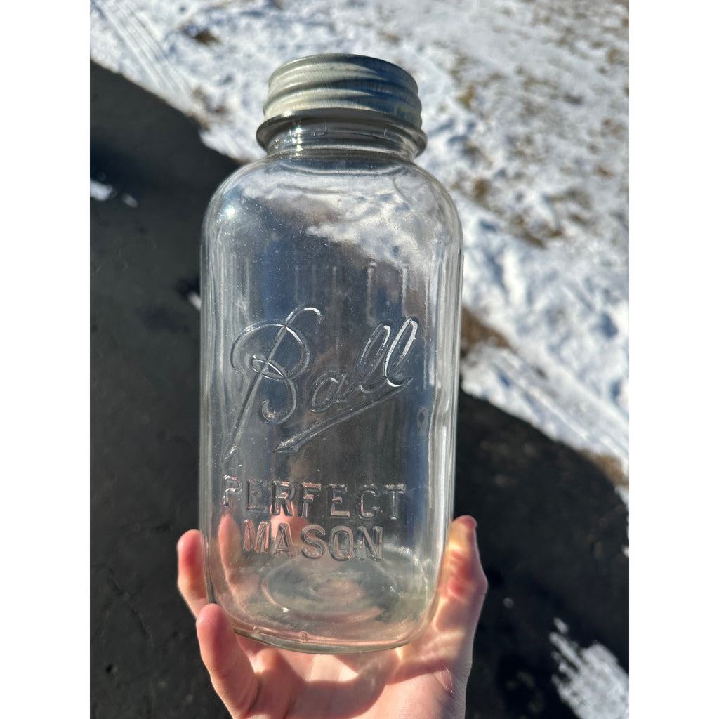 Vintage 1913-1923 Square Ribbed Half Gallon Ball Perfect Mason Jar With Zinc Lid