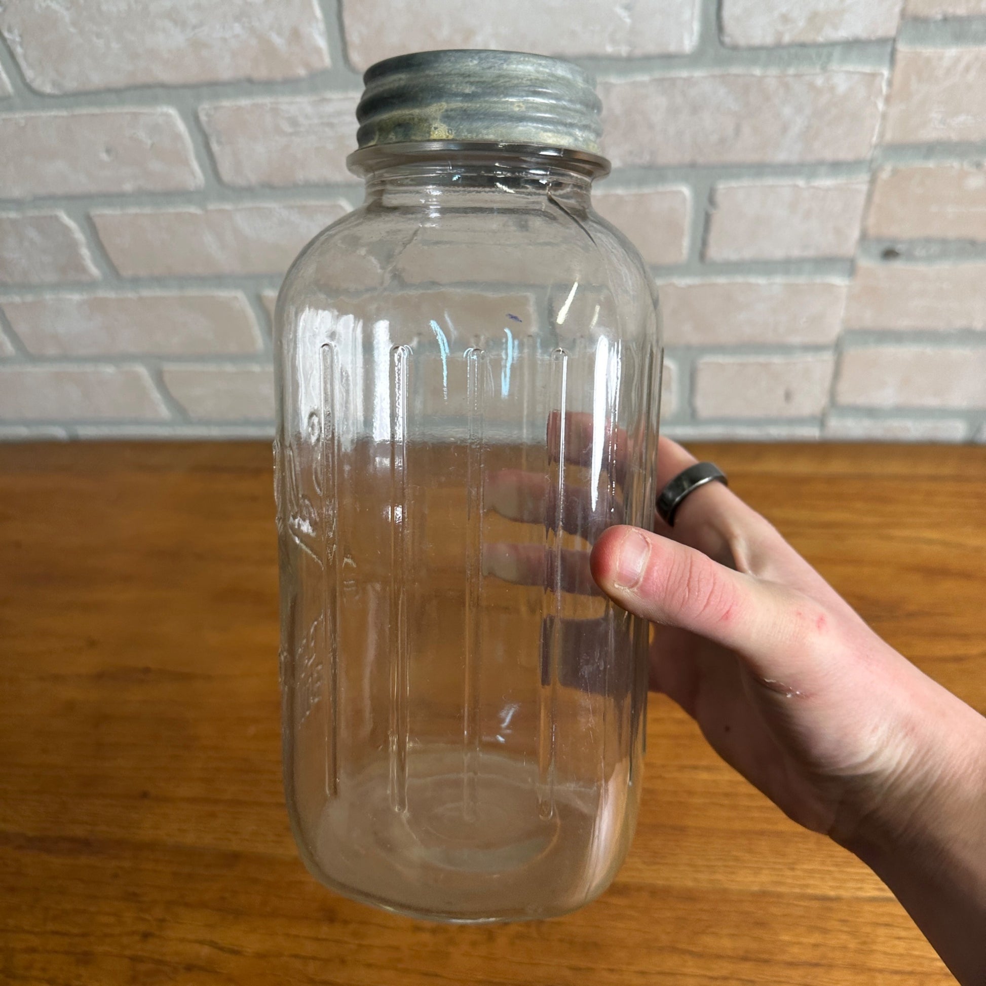 Vintage 1913-1923 Square Ribbed Half Gallon Ball Perfect Mason Jar With Zinc Lid