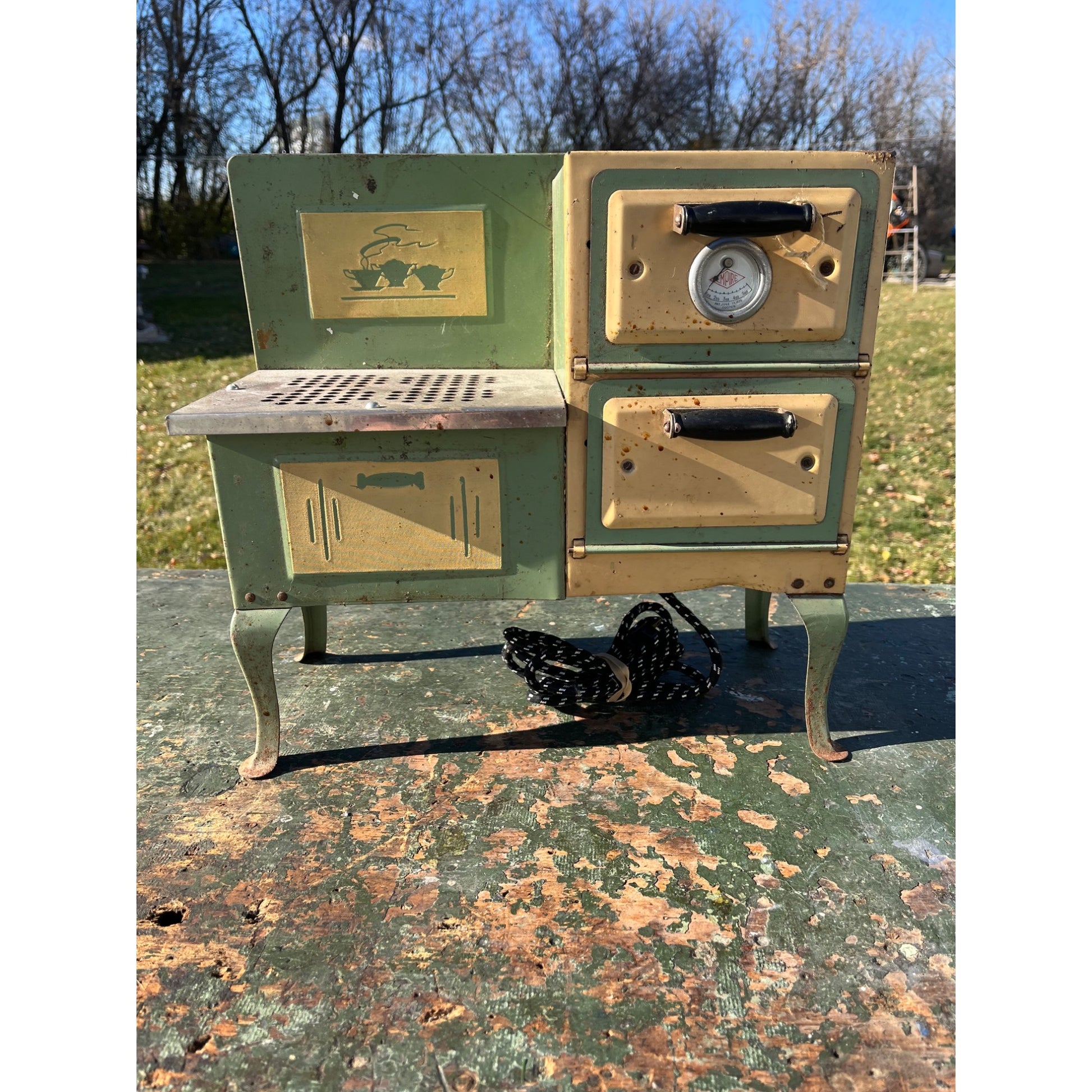 Empire Childs Stove Oven Toy Green Teal Metal Ware Pressed Steel