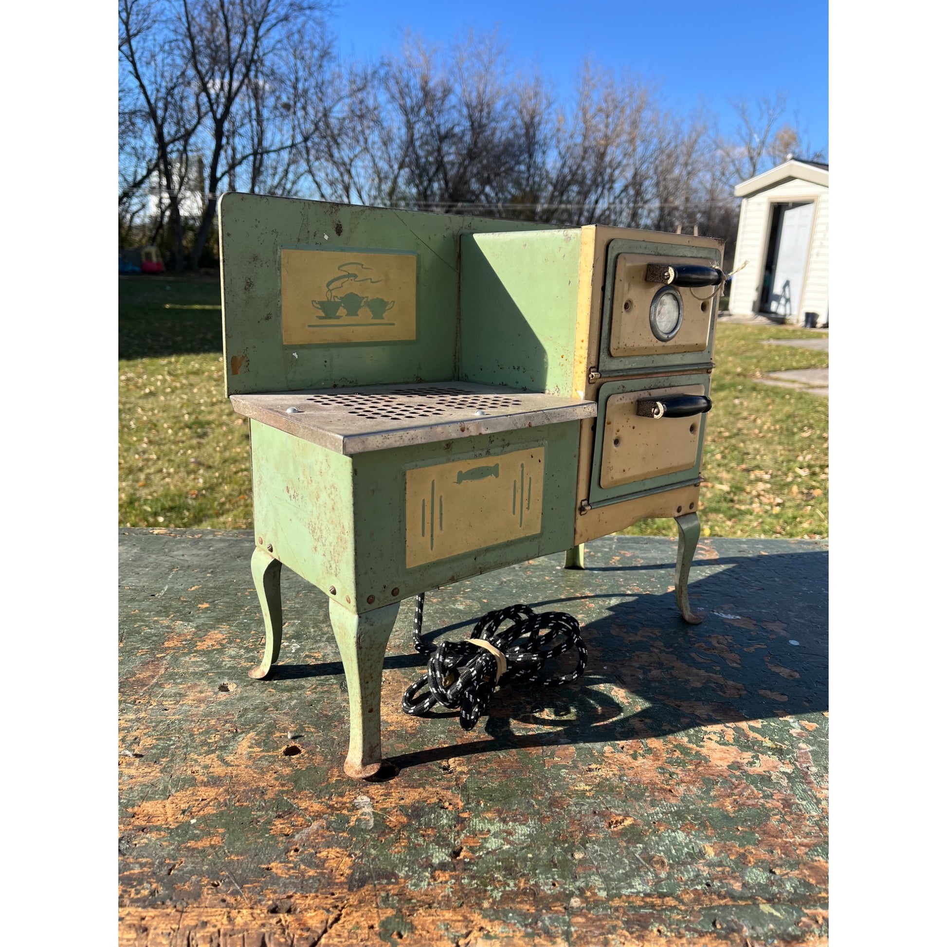 Empire Childs Stove Oven Toy Green Teal Metal Ware Pressed Steel