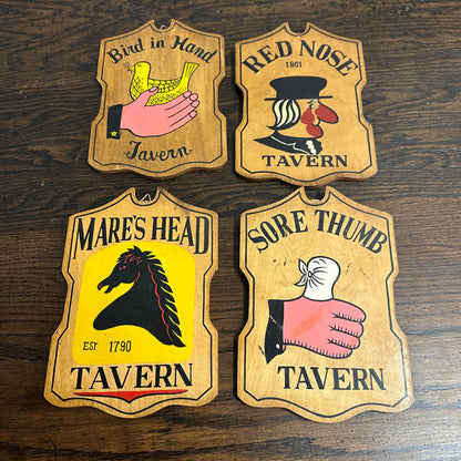 Set of 4 Vintage 1960's Wooden Wall Tavern Signs Japan Red Nose -Sore Thumb More