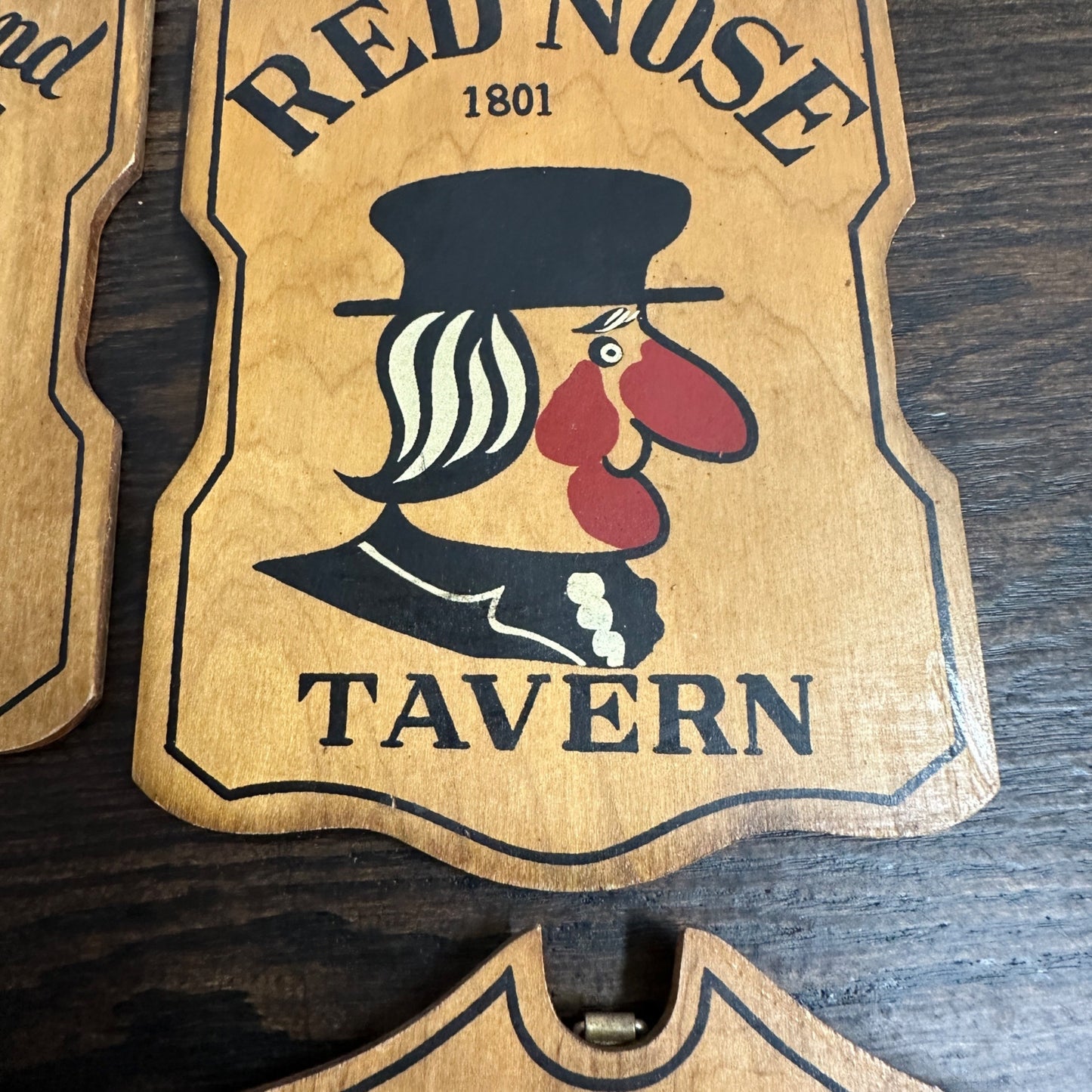 Set of 4 Vintage 1960's Wooden Wall Tavern Signs Japan Red Nose -Sore Thumb More