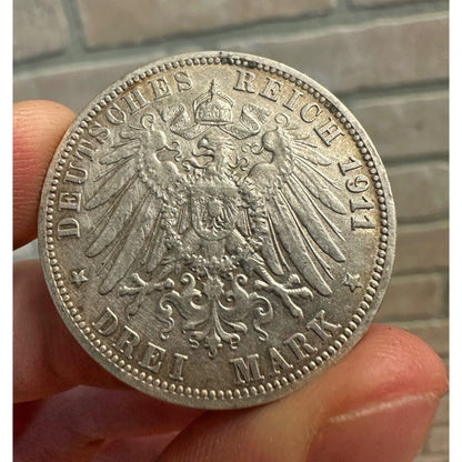 Germany - Empire Wurttemberg 3 Drei Mark 1911F Wilhelm II - 90% Silver 16.45 Grams