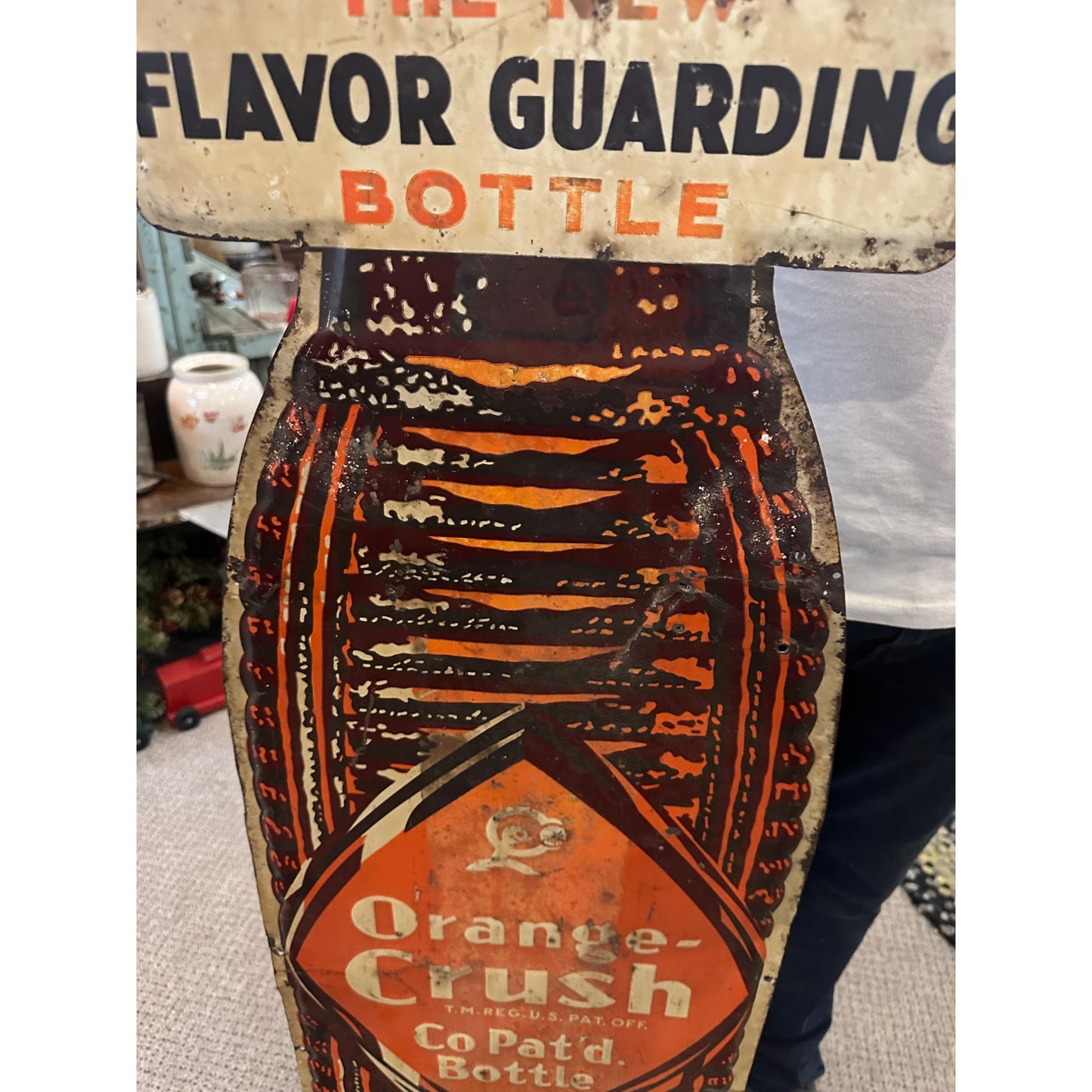 RARE Vintage c.1939 Orange Crush Amber Soda Bottle Diecut Advertising Sign Tin