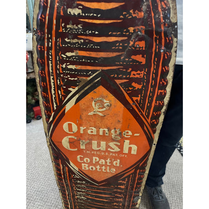 RARE Vintage c.1939 Orange Crush Amber Soda Bottle Diecut Advertising Sign Tin