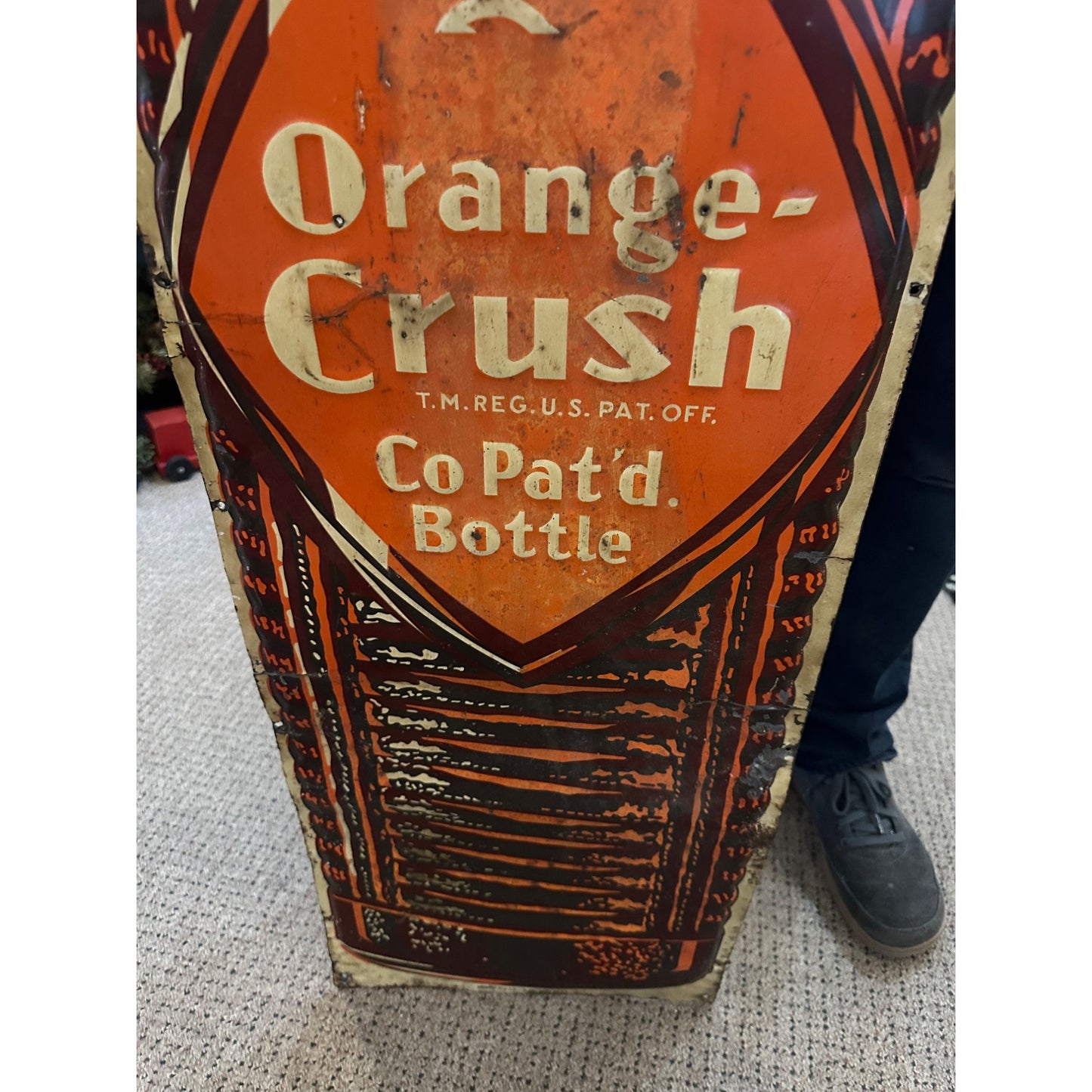 RARE Vintage c.1939 Orange Crush Amber Soda Bottle Diecut Advertising Sign Tin