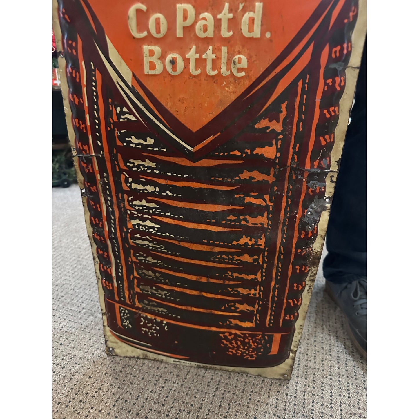 RARE Vintage c.1939 Orange Crush Amber Soda Bottle Diecut Advertising Sign Tin