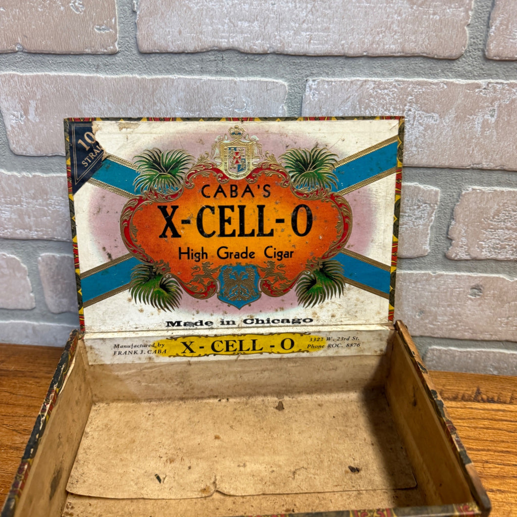 Vintage Wooden Cigar Box Caba's The X-Cell-O Wooden / Chicago, Illinois / Brevas