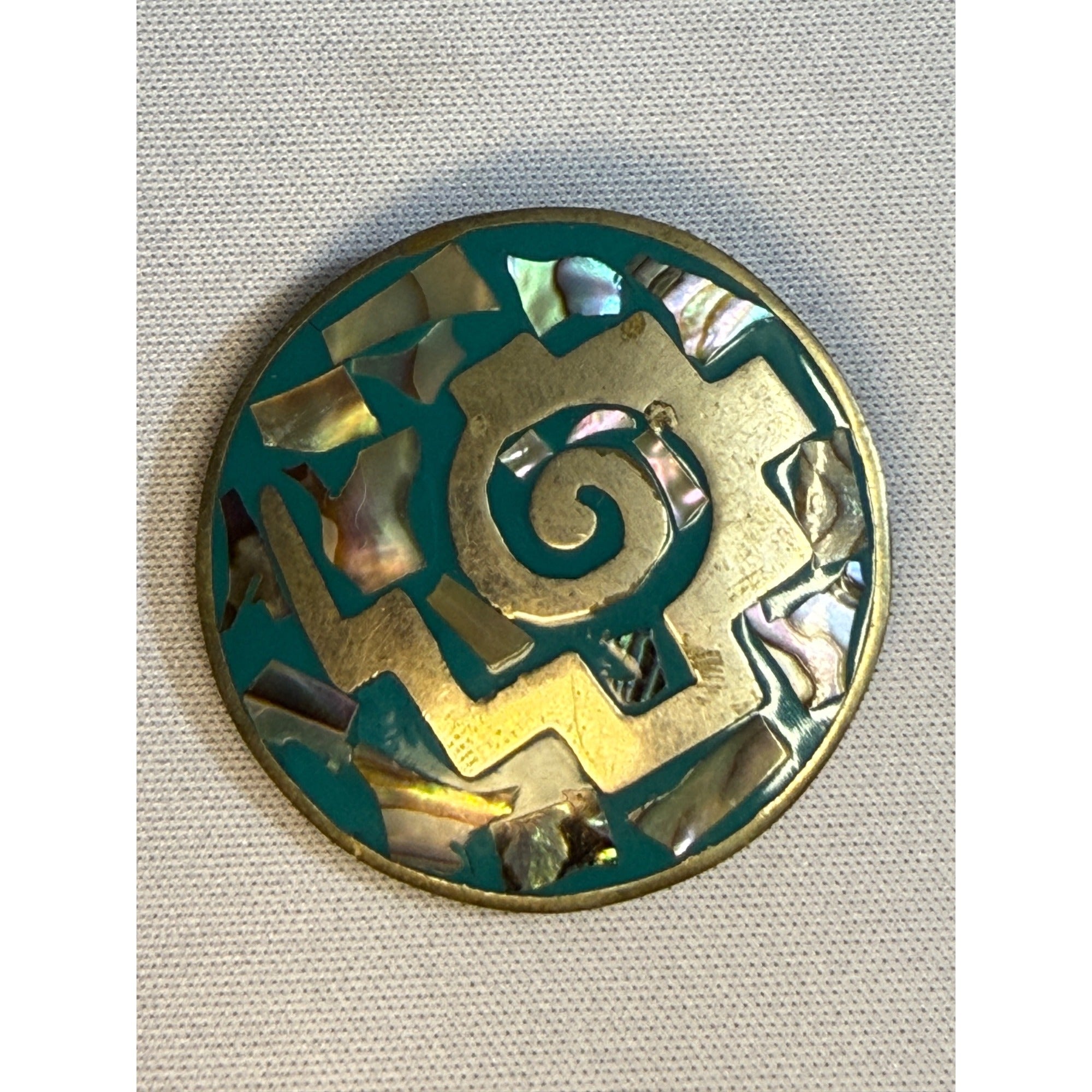Vintage Alpaca Mexico Abalone & Brass Circular Brooch Pin Spiral Inlay Design 1970s