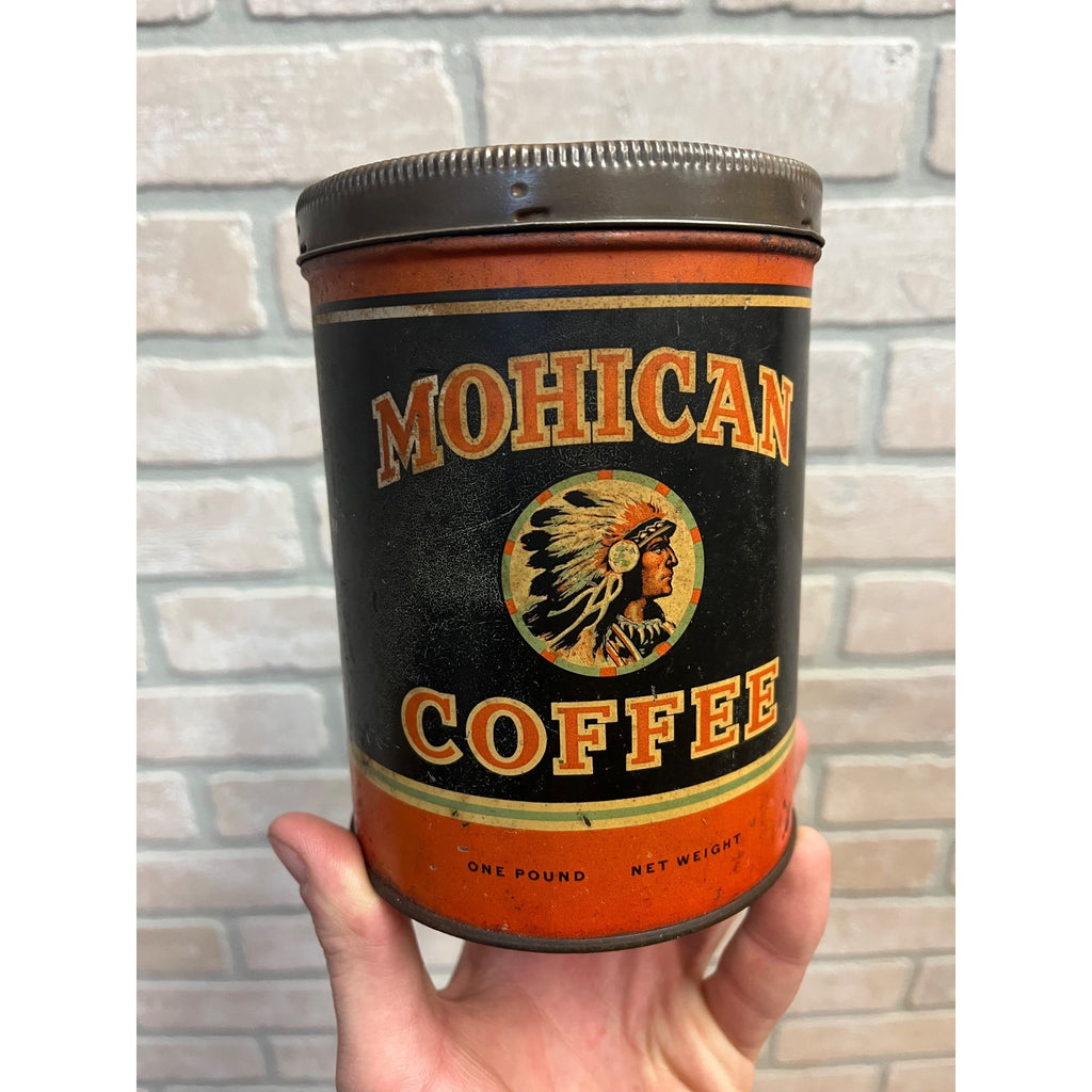 Vintage 1920s Mohican Coffee Tin Can 1 lb Advertising The Mohican Co. New York